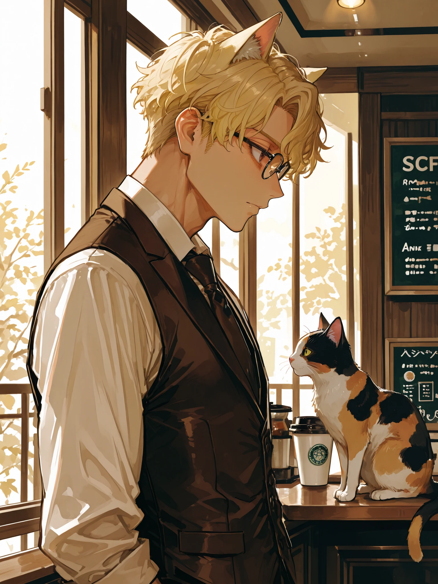profile,man,japanese,Master piece,Best Quality,ultra detailed,Anime,a handsome man, man, solo,very Short Hair,center part Hair,Wavy Hair,beautiful blond hair,cat ears,soulful eyes,Natural Lighting,beautiful brown eyes,indoor,coffee shop,toned,standard body,vest,suit,many cats,wear glasses,アニメスタイル。高品質。高解像度。8k。