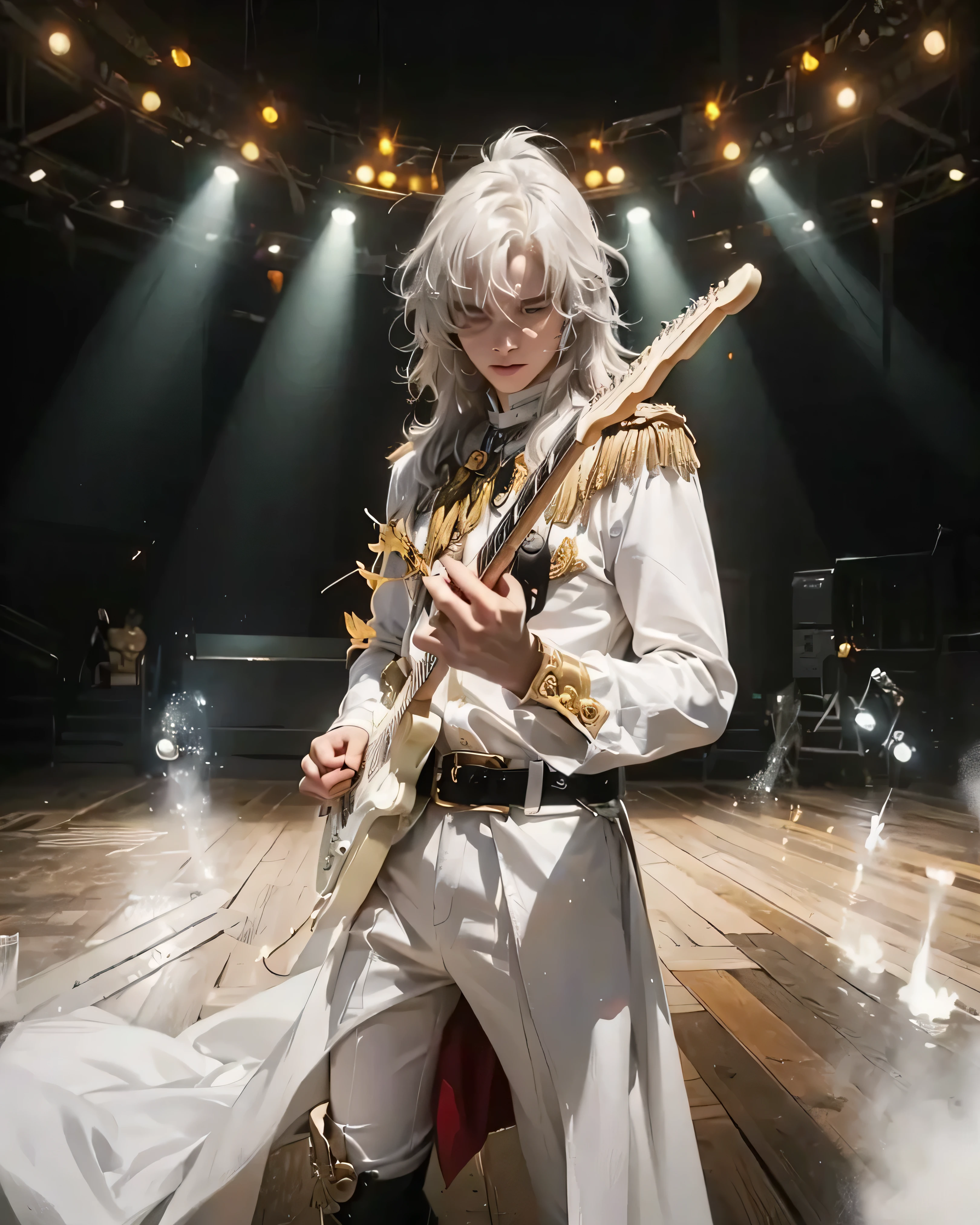 ((JINGYUAN SKIN_HONKAI STAR RAIL)) ((photorealistic)),(highlight hair)), Light reflection, (( HD )),((upper body)), (((best quality, masterpiece))), (masterpiece) (best quality) (detail) (8k) (HDR) (wallpaper) (cinematic lighting) (sharp focuasterpiece, best quality: 1.1), Real life adaption of this character, realistic outfit, realistic shadow, realistic light, realism, hyper realistic, realistic background,realistic hair,(photorealistic:1.2), (masterpiece: 1.2), (best quality: 1.3), (clear details: 1.3), ((((ultra-detailed)))), ((detailed eyes)), (extremely detailed face:1.4), (highly detailed eyelash:1.6), (Masterpiece, Best quality, best shadow), (detailed background),(masterpiece, best quality:1.2)Young person, likely 16-19, of light ethnicity, playing electric guitar on a stage. Long, flowing white hair styled in a swept-back fashion. Focused, determined expression, a hint of a smile. Wearing a long-sleeved, elegant, light-white, possibly cotton or linen, formal costume that resembles a military-style uniform, with accents of gold embroidery and gold buttons. Detailed epaulets on the shoulders. Dark red accents are visible on the lower portion of the outfit; a matching belt is worn. The costume has a tailored fit, with long, flowing skirt-like pieces that drape below the knees. Standing pose, slightly leaning into the music instrument. Electric white guitar, held with an expressive hand posture. Stage lighting is focused on the subject, creating a dramatic effect, with spotlights. The stage has a wooden floor and hints of fog or smoke around the subject, with musical notes appearing in a white chalk-like texture swirling around the figure. Large spotlights and a slightly elevated, circular stage-like area is present in the background. The colors are primarily white, light gold, and dark tones, with bright yellow bursts of energy around the subject's hands. Photographic lighting style, high-key, with dramatic contrast between the subject and the b