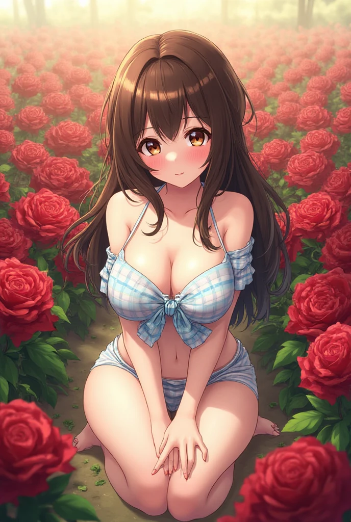 Coquette girl, long brown wavy hair, big breasts, sexual seductive pose, huge breasts, wearing a sundress with breasts spilling out, cute panties, wearing pink bows, in a meadow with plants and flowers, warm spring day, legs spread open, panties showing