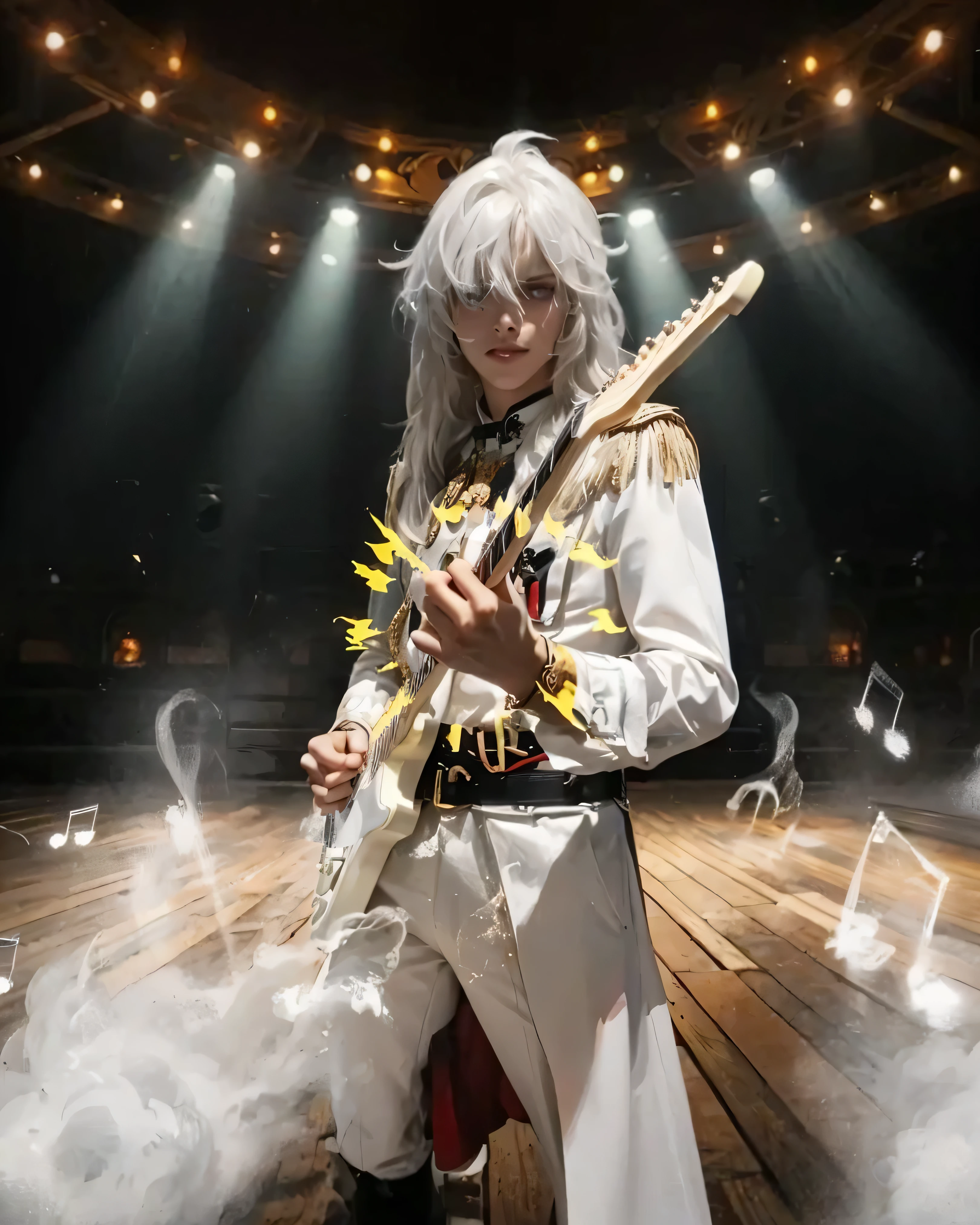 ((JINGYUAN SKIN_HONKAI STAR RAIL)) ((photorealistic)),(highlight hair)), Light reflection, (( HD )),((upper body)), (((best quality, masterpiece))), (masterpiece) (best quality) (detail) (8k) (HDR) (wallpaper) (cinematic lighting) (sharp focuasterpiece, best quality: 1.1), Real life adaption of this character, realistic outfit, realistic shadow, realistic light, realism, hyper realistic, realistic background,realistic hair,(photorealistic:1.2), (masterpiece: 1.2), (best quality: 1.3), (clear details: 1.3), ((((ultra-detailed)))), ((detailed eyes)), (extremely detailed face:1.4), (highly detailed eyelash:1.6), (Masterpiece, Best quality, best shadow), (detailed background),(masterpiece, best quality:1.2)Young person, likely 16-19, of light ethnicity, playing electric guitar on a stage. Long, flowing white hair styled in a swept-back fashion. Focused, determined expression, a hint of a smile. Wearing a long-sleeved, elegant, light-white, possibly cotton or linen, formal costume that resembles a military-style uniform, with accents of gold embroidery and gold buttons. Detailed epaulets on the shoulders. Dark red accents are visible on the lower portion of the outfit; a matching belt is worn. The costume has a tailored fit, with long, flowing skirt-like pieces that drape below the knees. Standing pose, slightly leaning into the music instrument. Electric white guitar, held with an expressive hand posture. Stage lighting is focused on the subject, creating a dramatic effect, with spotlights. The stage has a wooden floor and hints of fog or smoke around the subject, with musical notes appearing in a white chalk-like texture swirling around the figure. Large spotlights and a slightly elevated, circular stage-like area is present in the background. The colors are primarily white, light gold, and dark tones, with bright yellow bursts of energy around the subject's hands. Photographic lighting style, high-key, with dramatic contrast between the subject and the b