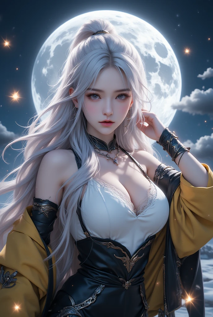 masterpiece, highest quality, (solo focus), (perfect face:1.1), (high detail:1.1), dramatic, 1guy, (pale skin), long white hair, white eyes, [light eyebrows], solo, long hair, moon, night, covered navel, pouty lips, covered, futuristic city, detailed background, art by art germ and greg rutkowski, cinematic lighting, roses, fashion, Balenciaga Style