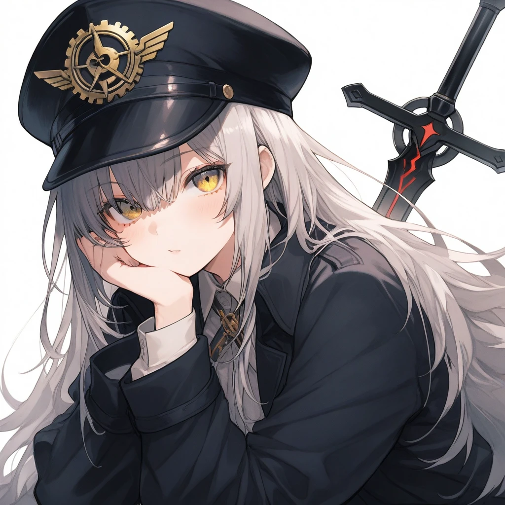 Long Hair, Braided , White Hair, No emotion, black military cap , red eyes, white shirt, Black tie,black short hoodie, 1 girl, black socks , high definition , High Quality ,