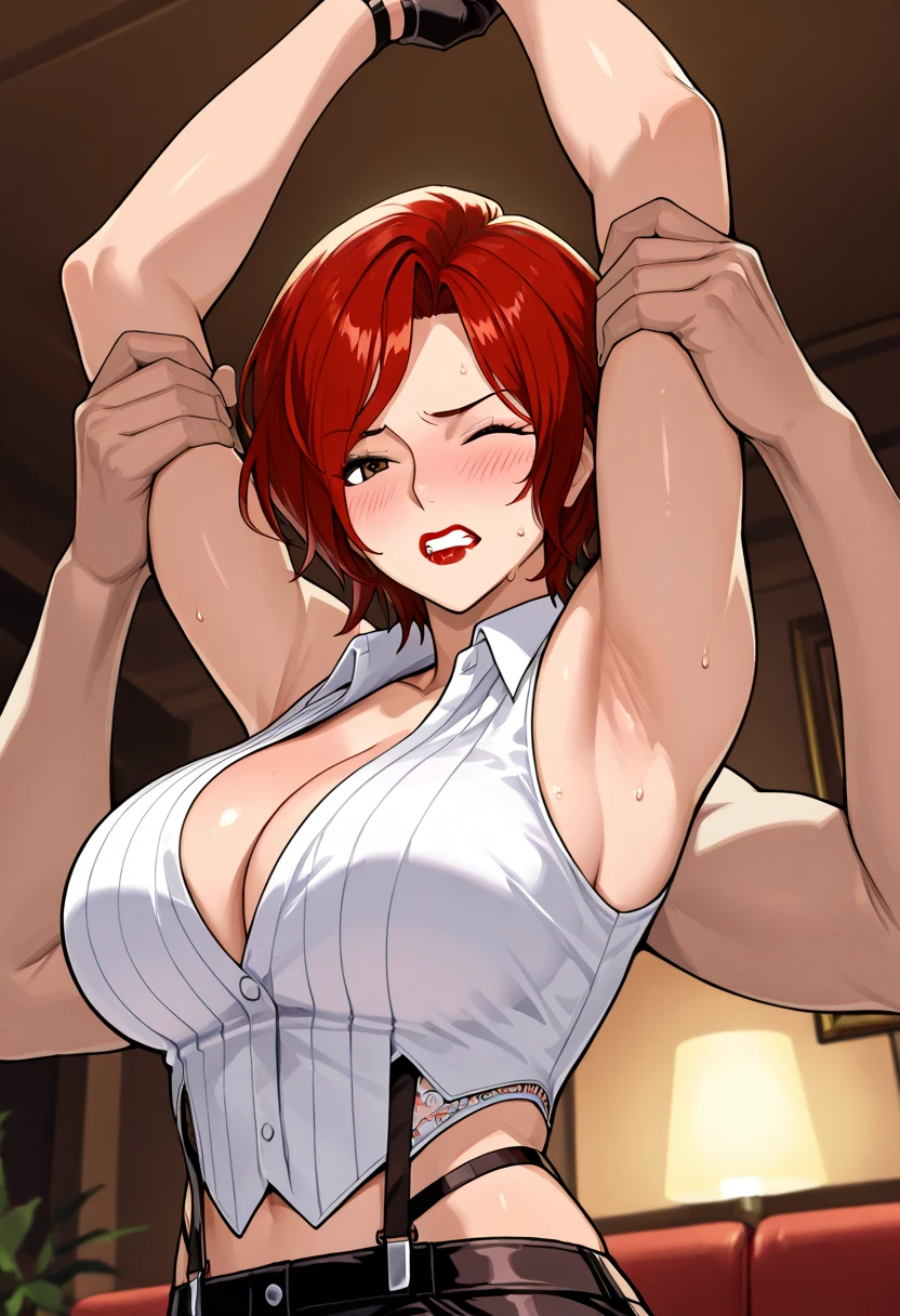a woman big breast tall huge happy sexy beauty tenderness wavy red hair her light red eye big black eyelash dresses bright red corset top shows navel and gray pants wearing black belt brown boot born uterus anus attractive seducing shows butt sex he puts penis in mouth she sucking