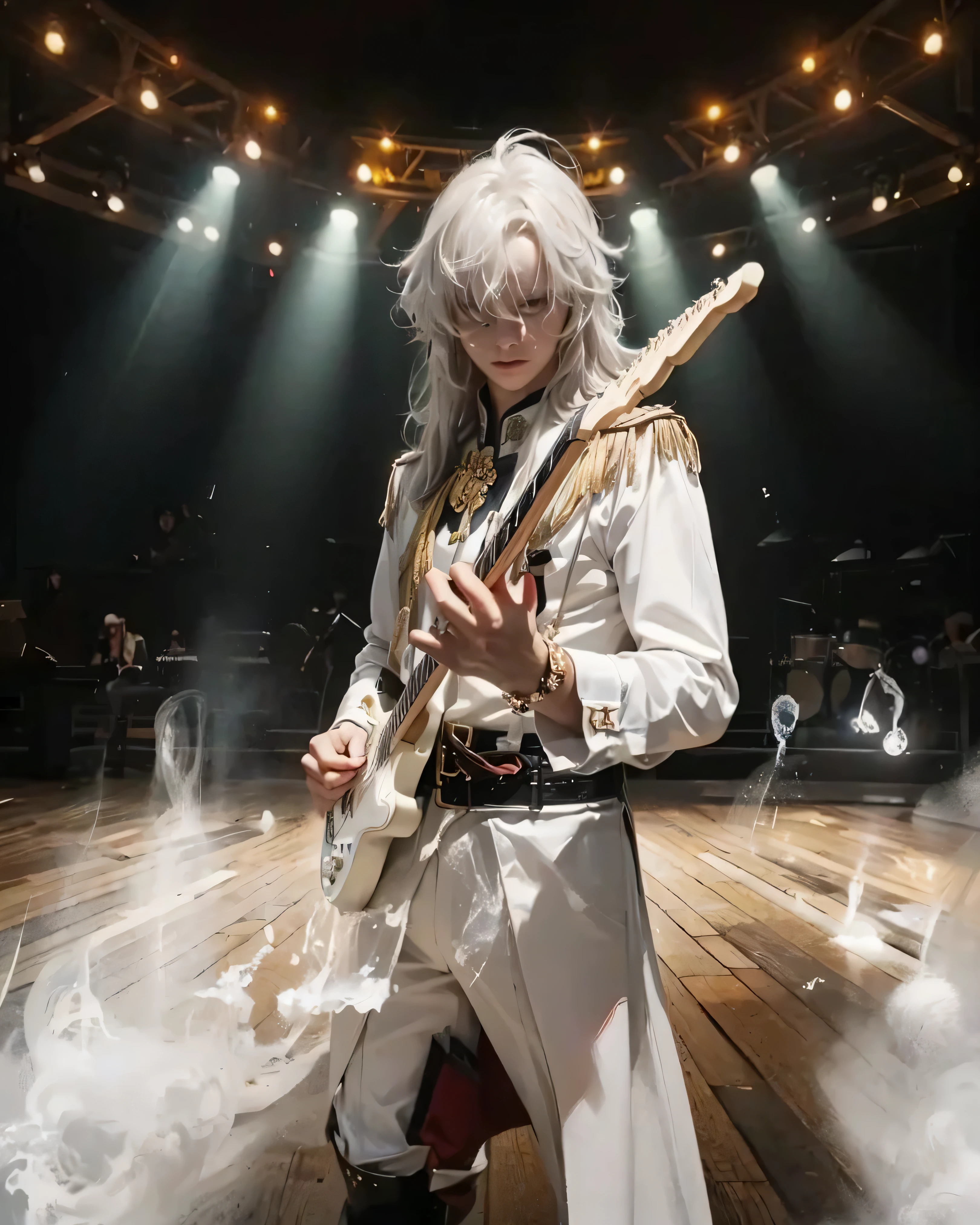 ((JINGYUAN SKIN_HONKAI STAR RAIL)) ((photorealistic)),(highlight hair)), Light reflection, (( HD )),((upper body)), (((best quality, masterpiece))), (masterpiece) (best quality) (detail) (8k) (HDR) (wallpaper) (cinematic lighting) (sharp focuasterpiece, best quality: 1.1), Real life adaption of this character, realistic outfit, realistic shadow, realistic light, realism, hyper realistic, realistic background,realistic hair,(photorealistic:1.2), (masterpiece: 1.2), (best quality: 1.3), (clear details: 1.3), ((((ultra-detailed)))), ((detailed eyes)), (extremely detailed face:1.4), (highly detailed eyelash:1.6), (Masterpiece, Best quality, best shadow), (detailed background),(masterpiece, best quality:1.2)Young person, likely 16-19, of light ethnicity, playing electric guitar on a stage. Long, flowing white hair styled in a swept-back fashion. Focused, determined expression, a hint of a smile. Wearing a long-sleeved, elegant, light-white, possibly cotton or linen, formal costume that resembles a military-style uniform, with accents of gold embroidery and gold buttons. Detailed epaulets on the shoulders. Dark red accents are visible on the lower portion of the outfit; a matching belt is worn. The costume has a tailored fit, with long, flowing skirt-like pieces that drape below the knees. Standing pose, slightly leaning into the music instrument. Electric white guitar, held with an expressive hand posture. Stage lighting is focused on the subject, creating a dramatic effect, with spotlights. The stage has a wooden floor and hints of fog or smoke around the subject, with musical notes appearing in a white chalk-like texture swirling around the figure. Large spotlights and a slightly elevated, circular stage-like area is present in the background. The colors are primarily white, light gold, and dark tones, with bright yellow bursts of energy around the subject's hands. Photographic lighting style, high-key, with dramatic contrast between the subject and the b