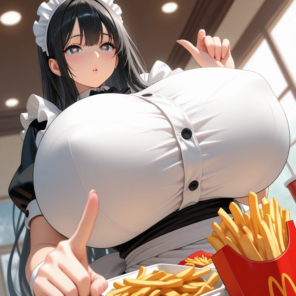 (masterpiece, best quality, highres, detailed, realistic:1.2), young japanese woman, maid, waitress, detailed face, beautiful face, (gigantic breasts:1.5), hyperbreasts, (bursting breasts:1.2), (irritated expression:1.2), annoyed, slim, thin, skinny, slender, taking order, maid cafe fringe