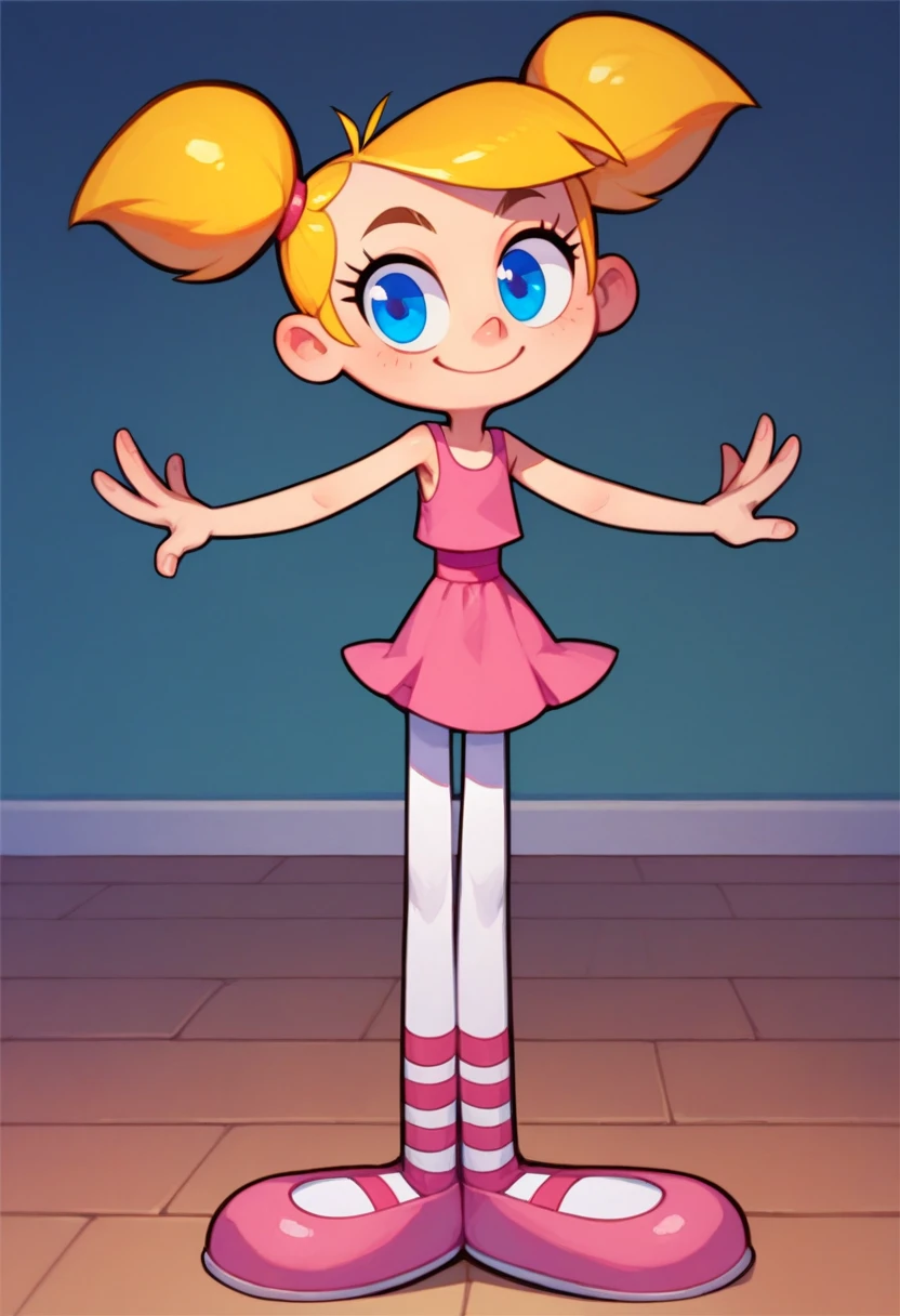 1girl, dee dee, blonde hair, short twintails, blue eyes, ballet dress, ballet shoes