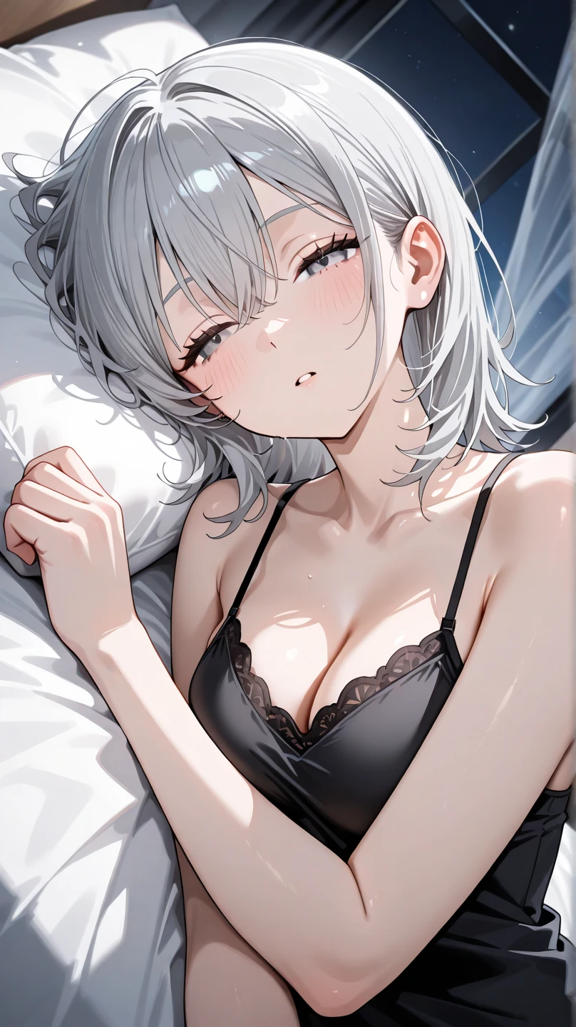 Make a girl with short white hair with a black collar around her neck and wearing a bra without a shirt, deitada na cama com um sorriso no rosto e corada