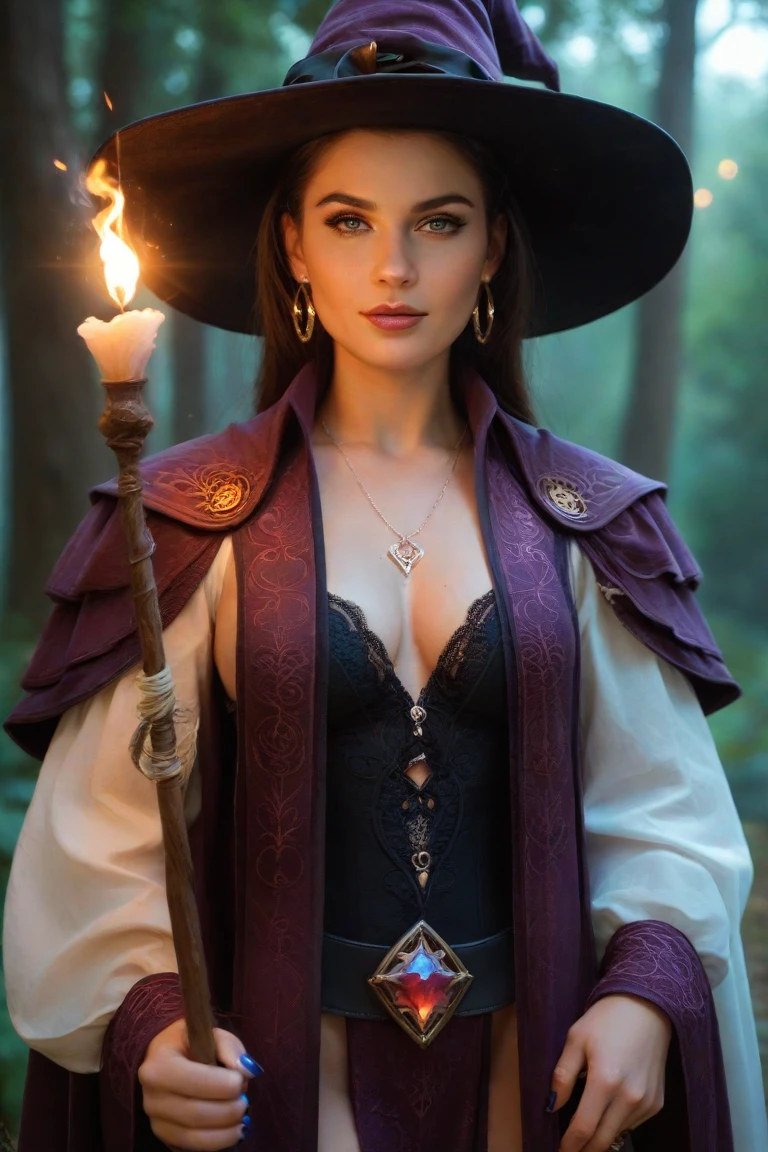 8K,A witch in a hat and cloak poses for a smiling photo, Short bob hair with brown hair,red and black costume,Fantasy Art Style, Stunning character art, fantasy concept art portrait, 4K fantasy art, portrait of a female mage, epic fantasy art style, epic fantasy art portrait, Fantasyart, Alexandra Fomina Artstation, 8k fantasy art, beautiful sorceress, epic exquisite character art,超A high resolution,big red gem talisman,Look at viewers,a smile,