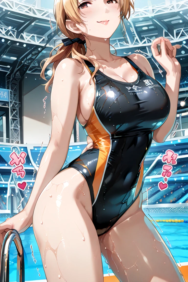 realisticlying、、Competitive swimsuit style girls、Big butt、Thicker thighs、Slightly emphasizes  and cleavage、Face Real、A sexy、Pool with big  face on smiling background