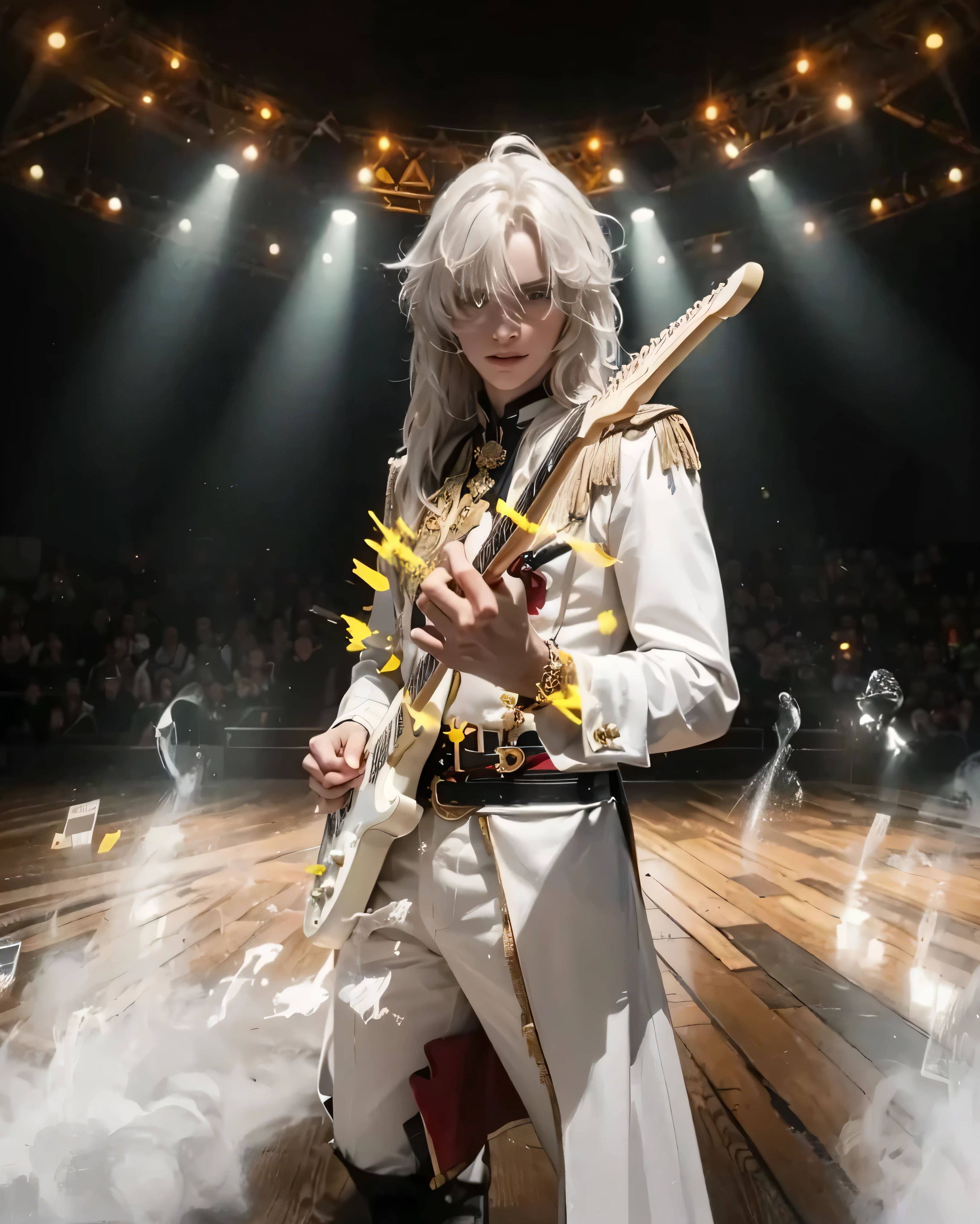 ((JINGYUAN SKIN_HONKAI STAR RAIL)) ((photorealistic)),(highlight hair)), Light reflection, (( HD )),((upper body)), (((best quality, masterpiece))), (masterpiece) (best quality) (detail) (8k) (HDR) (wallpaper) (cinematic lighting) (sharp focuasterpiece, best quality: 1.1), Real life adaption of this character, realistic outfit, realistic shadow, realistic light, realism, hyper realistic, realistic background,realistic hair,(photorealistic:1.2), (masterpiece: 1.2), (best quality: 1.3), (clear details: 1.3), ((((ultra-detailed)))), ((detailed eyes)), (extremely detailed face:1.4), (highly detailed eyelash:1.6), (Masterpiece, Best quality, best shadow), (detailed background),(masterpiece, best quality:1.2)Young person, likely 16-19, of light ethnicity, playing electric guitar on a stage. Long, flowing white hair styled in a swept-back fashion. Focused, determined expression, a hint of a smile. Wearing a long-sleeved, elegant, light-white, possibly cotton or linen, formal costume that resembles a military-style uniform, with accents of gold embroidery and gold buttons. Detailed epaulets on the shoulders. Dark red accents are visible on the lower portion of the outfit; a matching belt is worn. The costume has a tailored fit, with long, flowing skirt-like pieces that drape below the knees. Standing pose, slightly leaning into the music instrument. Electric white guitar, held with an expressive hand posture. Stage lighting is focused on the subject, creating a dramatic effect, with spotlights. The stage has a wooden floor and hints of fog or smoke around the subject, with musical notes appearing in a white chalk-like texture swirling around the figure. Large spotlights and a slightly elevated, circular stage-like area is present in the background. The colors are primarily white, light gold, and dark tones, with bright yellow bursts of energy around the subject's hands. Photographic lighting style, high-key, with dramatic contrast between the subject and the b