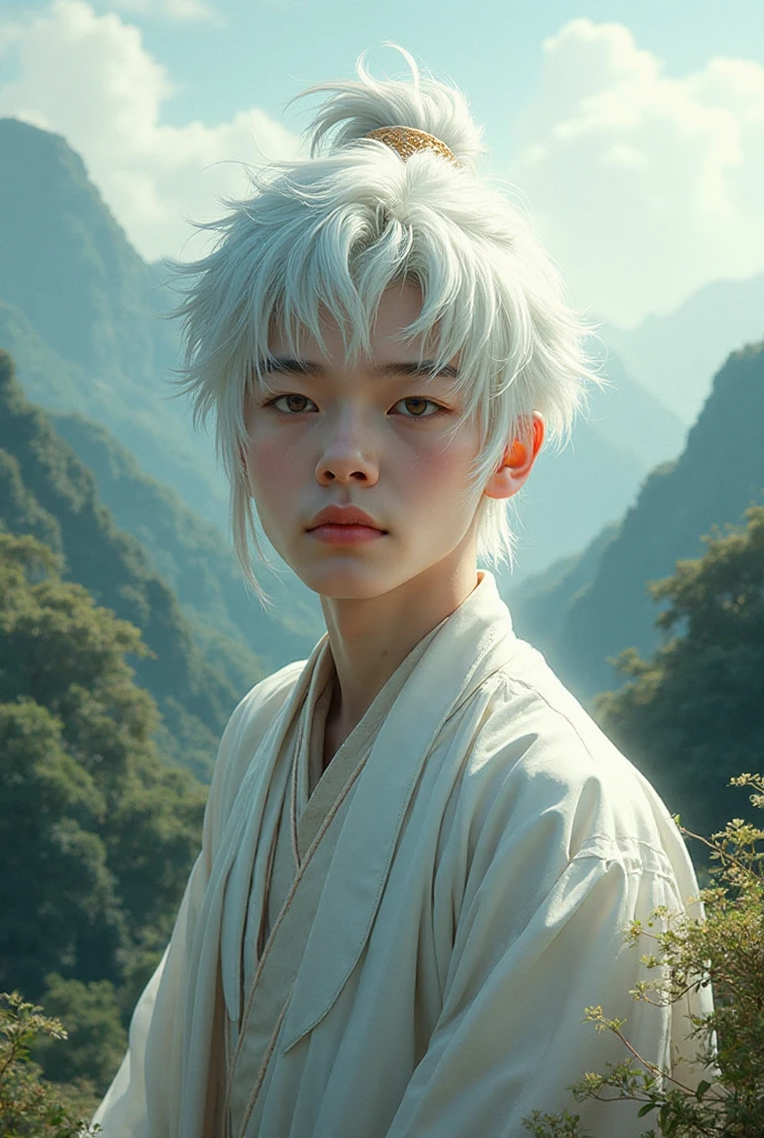 A young boy with an ethereal and serene appearance inspired by the character "Haku" from Spirited Away. He has short, white hair and wears traditional Japanese clothing in soft, flowing fabrics. His eyes are a deep, calming green, reflecting a sense of wisdom and mystery. The background should evoke a mystical forest or a tranquil, ancient temple, with soft lighting that highlights his otherworldly presence. In the distance, the silhouette of a long, graceful dragon with a white body and green mane can be seen, representing his dragon form.