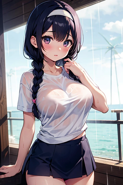 18 year old girl。The body is curvaceous、have huge breasts、Has surprised eyes and an open mouth。The skin is glowing、Sweat is dripping。She has short black hair and bright black eyes.、Wearing a summer uniform。A skirt fluttering in the wind。It depicts a person walking on the beach.、There is a shadow of a rock behind。both arms are behind the back。(arms behind back:1.6), super sonic, headphones, red eyes