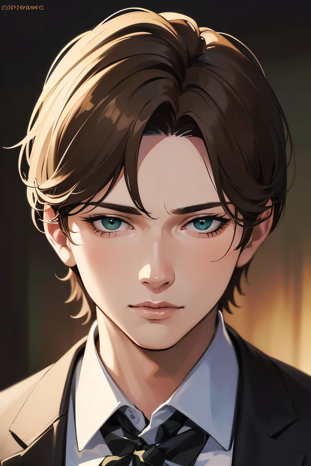 masterpiece, best quality, 1boy, brown hair, green eyes, short hair, side part, black suit, confident, sharp eyes, mature, realistic face, realistic eyes, closed up, upper body, looking at viewer, detailed eyes, detailed facial features, realistic and high resolution (best quality, 4k, 8k, highres, masterpiece:1.2)
