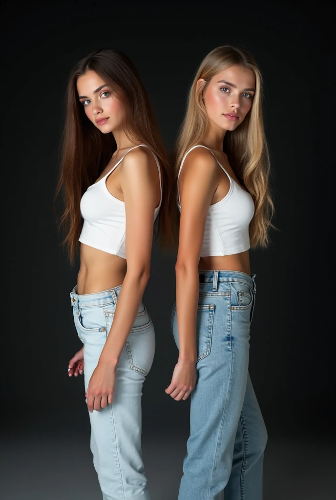 Realistic European 18 year old female with small cup size, great figure, raven shoulder length hair, sharp blue eyes, long eye lashes, in a white tank top and jeans.