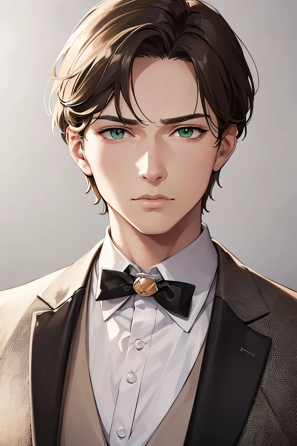 masterpiece, best quality, 1boy, brown hair, green eyes, short hair, side part, white shirt, black tie, confident, sharp eyes, mature, masculine, fierce, mad face, realistic face, realistic eyes, closed up, upper body, looking at viewer, detailed eyes, detailed facial features, realistic and high resolution (best quality, 4k, 8k, highres, masterpiece:1.2)