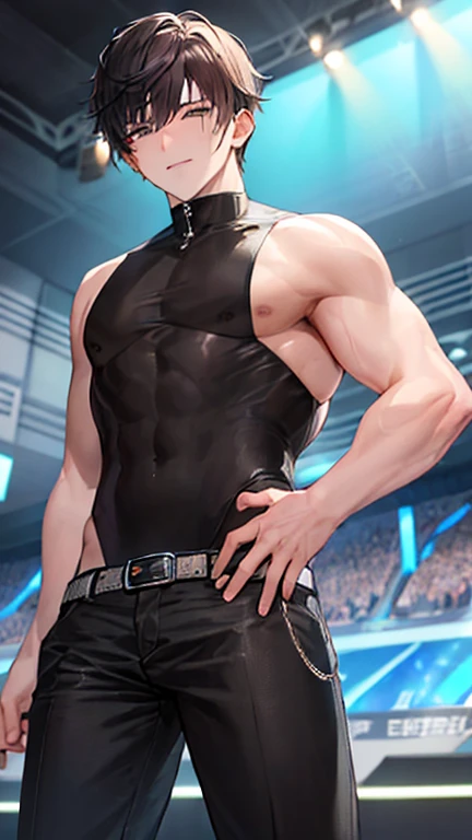 (Masterpiece) best quality, high quality,perfect face,hd, a kpop singer wonho, muscular,.abs ,shirtless ,wearing only singlet