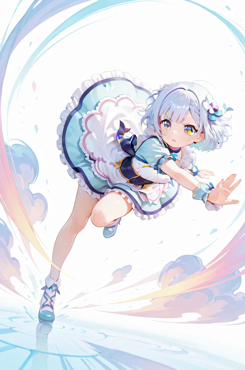 score_9, score_8_up, score_7_up, (masterpiece, best quality, perfect facial features, highest resolution), (8k, amazing quality), (detailed eyes, clear eyes), (dynamic composition, dynamic pose, face clearly visible, detailed hands), (whole body, from low angle), (1girl, solo, short stature girl, white blue hair, middle short hair), (magical girl dress, sweet outfit), (sweet and cute atmosphere, A relaxed pastel color atmosphere, sweet and delicious sweets town), (full body), ((dynamic pose:1.4)), ((Sharing pastel color sweets, sweet magic)), ((clear contrast between light and dark)),