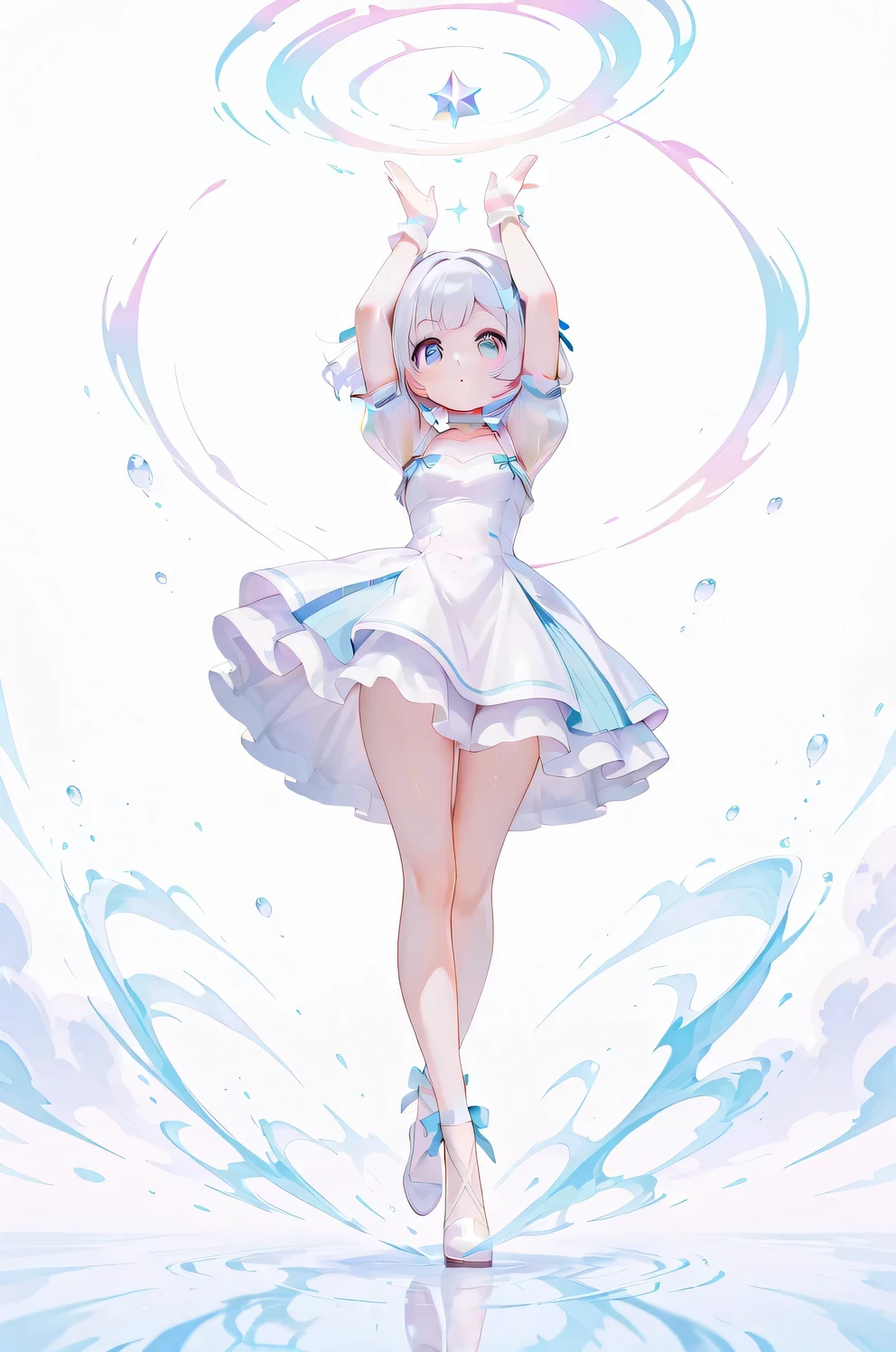 score_9, score_8_up, score_7_up, masterpiece, best quality, perfect facial features, highest resolution, 8k, amazing quality, detailed eyes, clear eyes, dynamic composition, dynamic pose, face clearly visible, whole body, low angle, 1girl, solo, short stature girl, white blue hair, middle short hair, magical girl dress, sweet outfit, sweet and cute atmosphere, A relaxed pastel color atmosphere, (full body), ((dynamic pose:1.4)), ((Sharing pastel color sweets, sweet magic)), ((clear contrast between light and dark)),