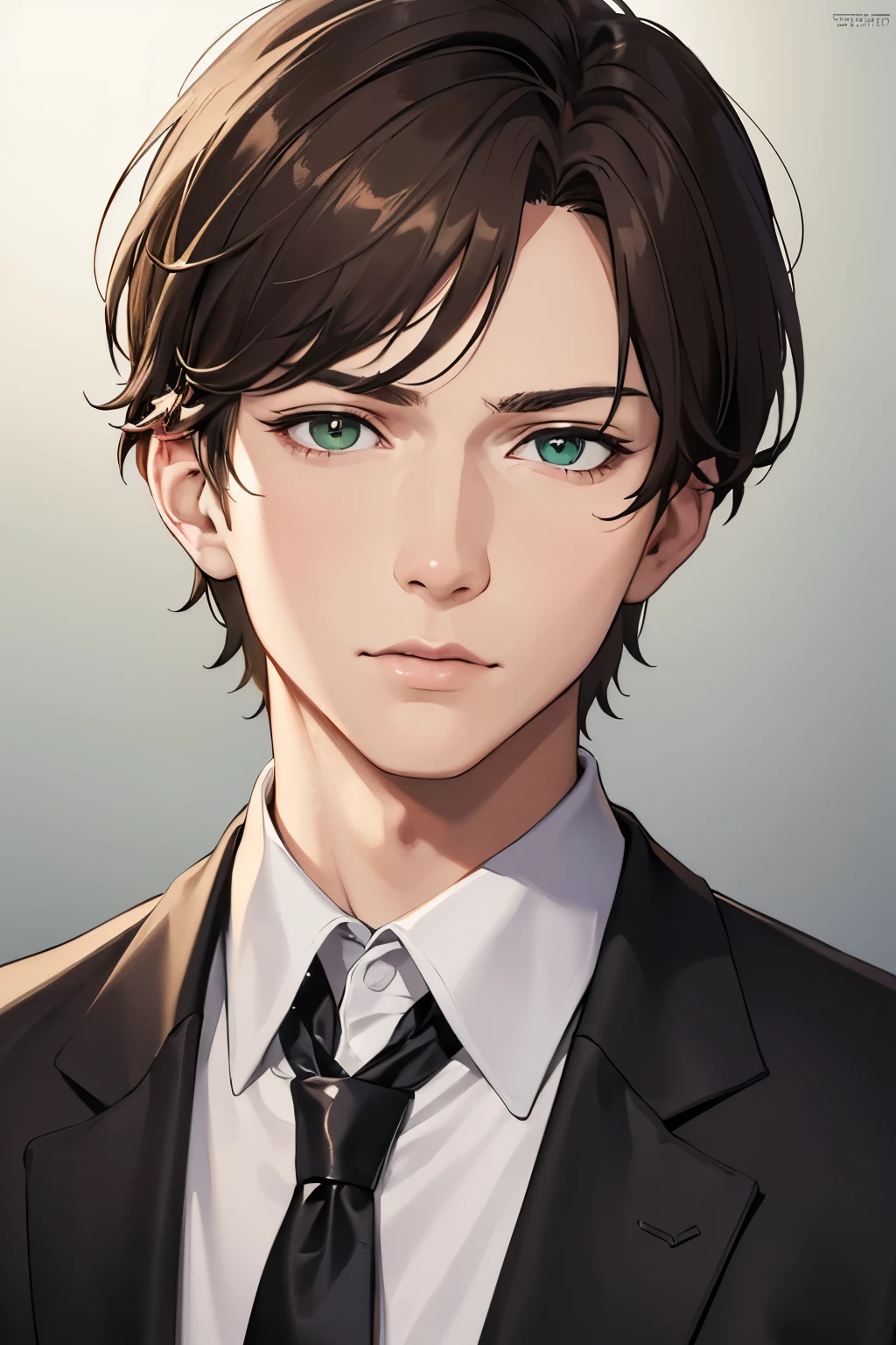 masterpiece, best quality, 1boy, brown hair, green eyes, short hair, side part, white shirt, confident, sharp eyes, mature, masculine, fierce, mad face, realistic face, realistic eyes, closed up, upper body, looking at viewer, detailed eyes, detailed facial features, realistic and high resolution (best quality, 4k, 8k, highres, masterpiece:1.2)