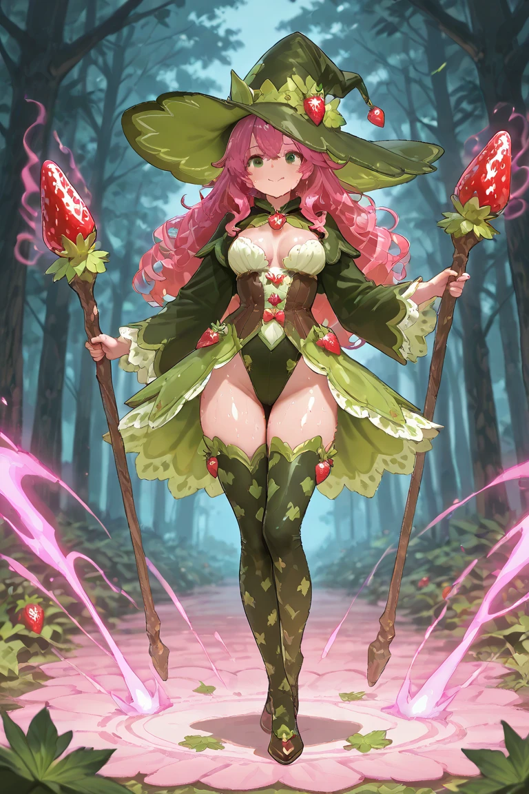 Fantasia, 1forest_element in_girl, Fighting, (Using_Leaves_Clothes, Green_Leaves_Covered_breasts, Leaves_Covered_cunt)+++,Medium_breasts,Dynamic_Pose_Standing, light_Smile, sleepy, Medium_hair, a navel,(Dark_skin)+, oils, (Winding_vine_Around_torso)++, (plump)+,the woods, Trees_Background, Leaves_Headgear, Green_Leaves_Cape, Hold_Large_long_A staff, thighs thighs thighs thighs,