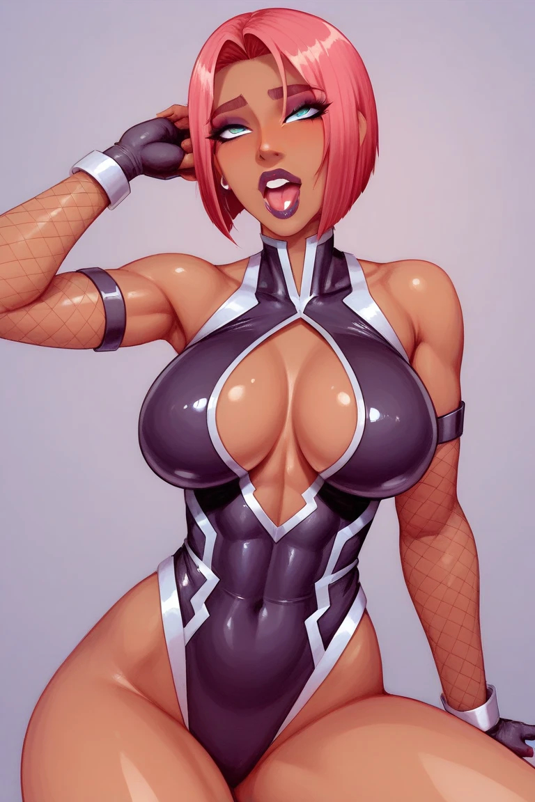 (masterpiece, best quality, perfect hourglass figure, wide waist, blush), busty, portrait, perfect face, flawless eyes, green eyes, empty gradient background, beautiful lips, full lips, <lora:add_detail:-0.1>, (arms behind back), perfect waist, cowboy shot, perfect hips, <lora:Dskin_v1.0:0.2> , tan, dark skin, huge breasts, saggy breasts, long ponytail, pink hair, <lora:Constricted PupilsV3:0.8> , constricted pupils, small pupils, bikini