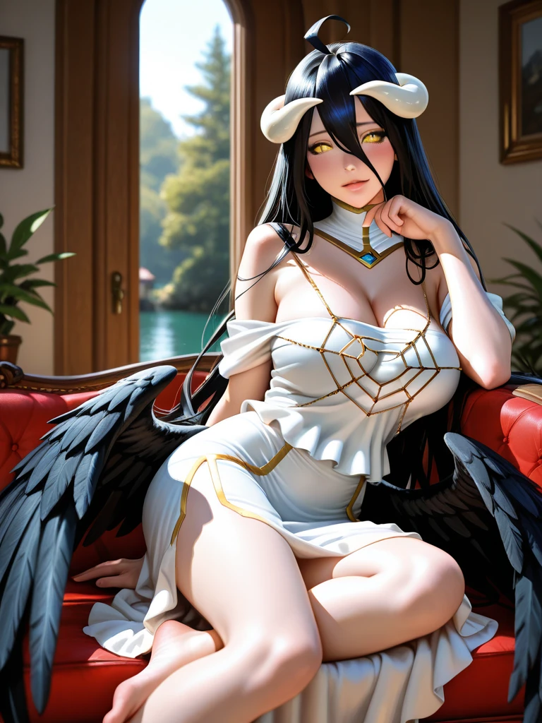 A demonic and  looking anime character, with black wings, long dark flowing hair, bright golden eyes, and curved horns like those of a ram. has pale skin, a mischievous smile and a playful and mysterious expression, holding a finger to his lips as if silencing someone. She wears a white dress with intricate detailing and gold accents, along with a blue gem on his . The scene is dramatically lit., with soft shadows that enhance her sharp features, as the background fades into darkness, adding an enigmatic and magical touch. The style is a mix of anime fantasy with intricate details, Capturing an intense portrait, close and dynamic