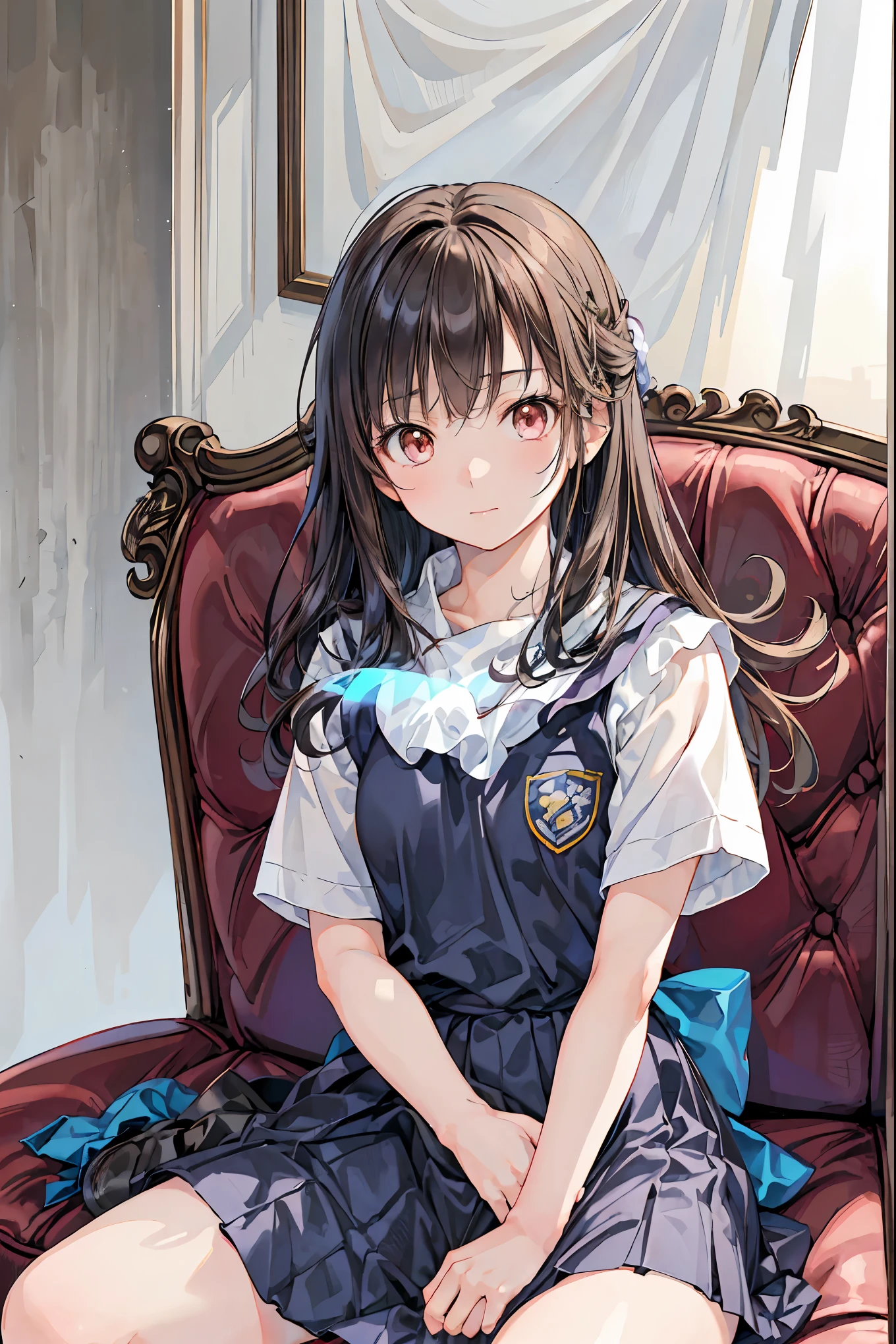 Highest Quality, face focus, Soft Light, Ultra High Resolution, (Photorealistic:1.4), Original photo,
1 Japanese Girl, solo, cute, (pupil, Individual Eye Light), motorcycle rocket cowl modification, (Tiny Chest),(Human Skin Texture High Resolution Details),
(long hair at Boro-Yado),
Sit Couch,
School Uniform, charcoal vest, skirt,
(Upper Thigh)