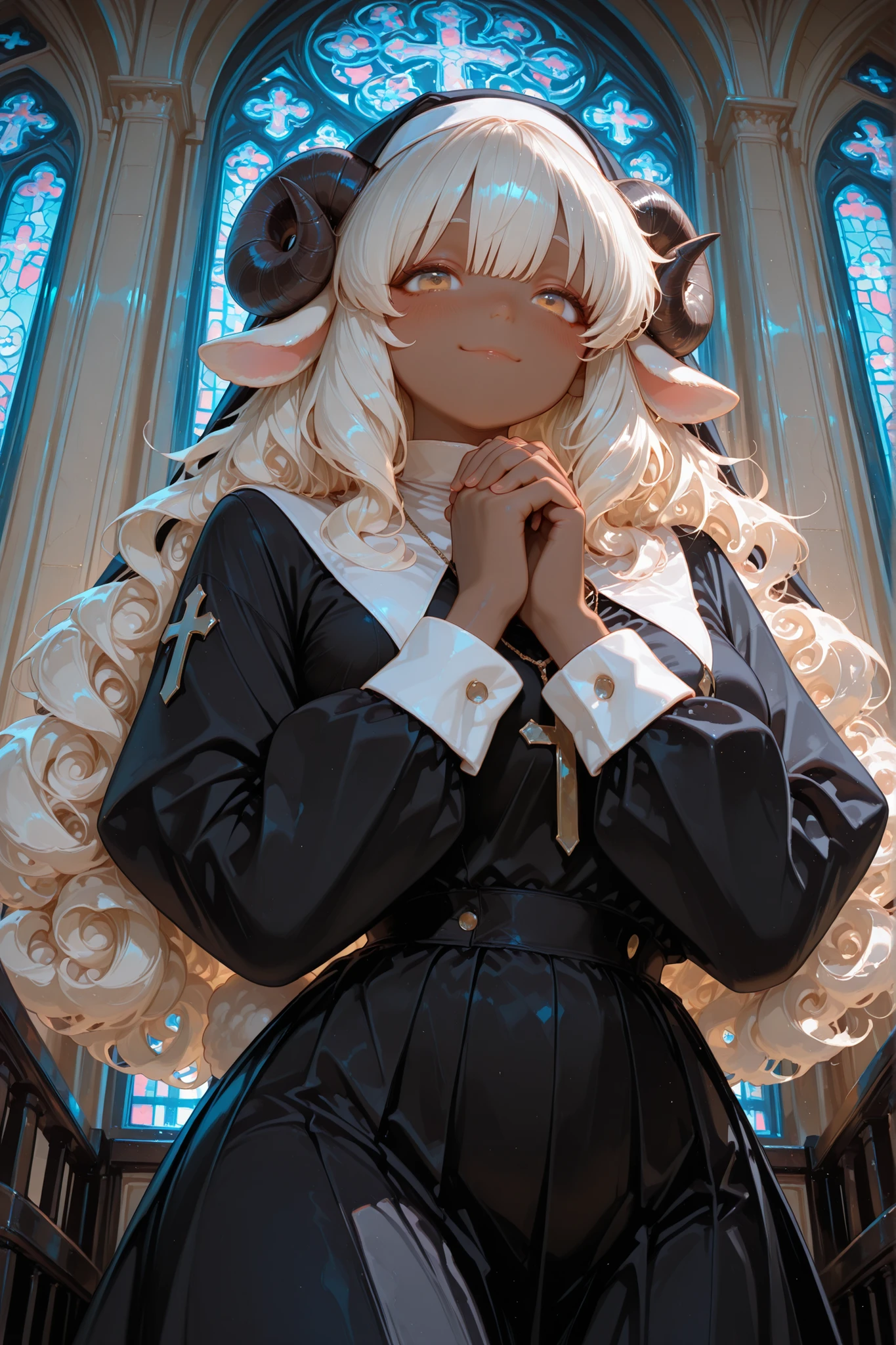 score_9, (masterpiece, best quality), 8k, one girl, 18 years old, cute,kawaii,sheep girl, fluffy sheep wool-themed clothes,sheep ears,black nun uniform,long length dress,num head dress,off-white hair,curly hair,heavy bangs,(dark skin face and hands), gold eyes,big eyes,round eyes,tareme,happy expression,soft blush, looking viewer,curled sheep horns , hands clasped in prayer, soft lighting, woolen texture,black color outfit, cozy atmosphere,dim church background, massive colorful stained glass ,perfect , five fingers,cowboy shot,