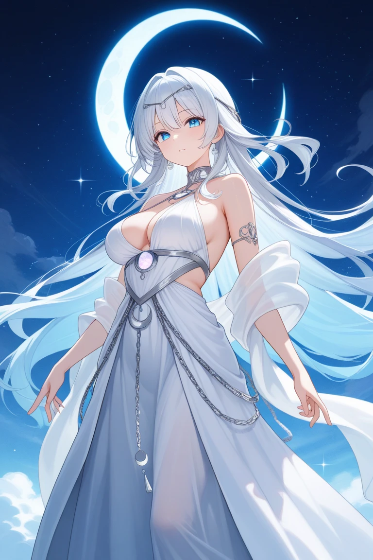 A sexy girl half-elf wizard, White robe, yellow eyes, bright blue hair colour, Full moon in background,8k, masterpiece, best quality, highly detailed, one girl, half-elf, solo, long straight hair, wearing necklace, gorgeous, friendly, smile,sexy, close ups view, wearing rings, looking at straight, alone, looking moon,