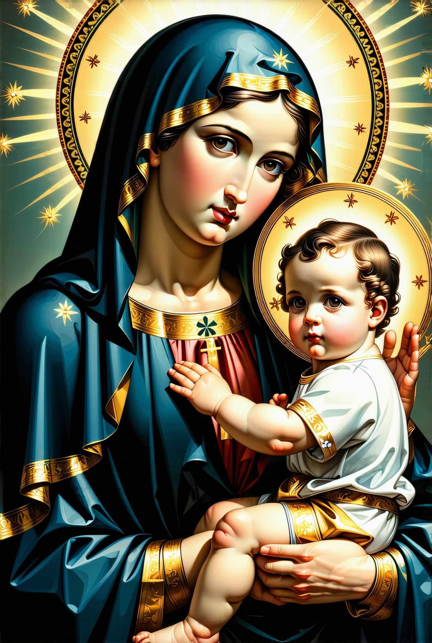 a close up of a woman holding a baby in her arms, virgin mary, with jesus, mother, queen of heaven, beautiful depiction, holy, catholic religious art, holy and beautiful, rendered, beautiful image, beautiful art, jayson tatum as mother mary