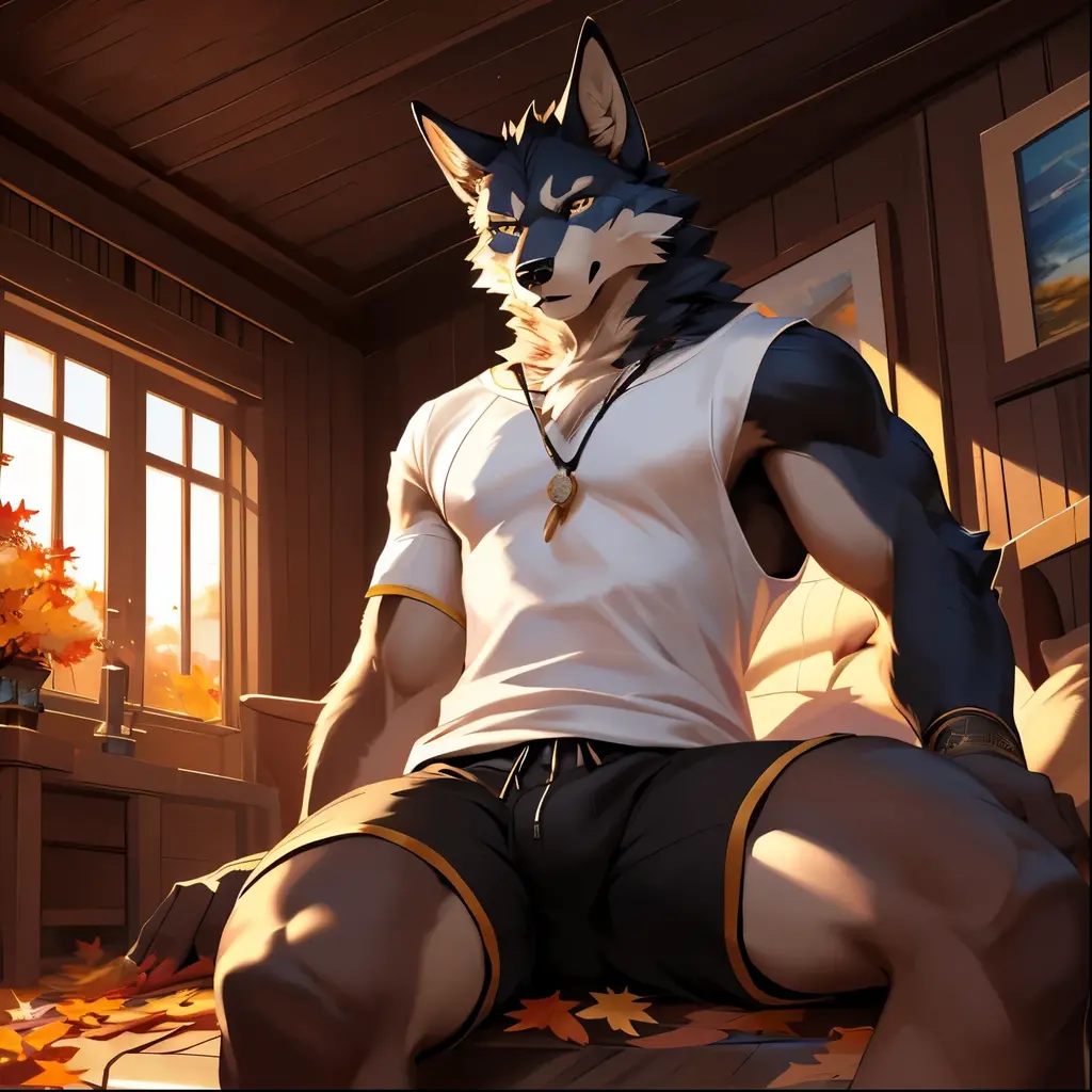 (Close-up), There is a Deer wearing  ang sitting cross-legged, blue eyes, muscular, furry , fluffy fur, , huge , veins, fluffy ,  , Sexybody, muscular, anthropomorphic, extra detailed body, detailed body, Best quality, masterpiece, ultra high res,detailed background,realistic, real shadow and light,depth of field, (view from above), sweaty, sunny, at the noon, beach, sitting on picnic mat, coconut tree, Island, male, Deer horns, deer.