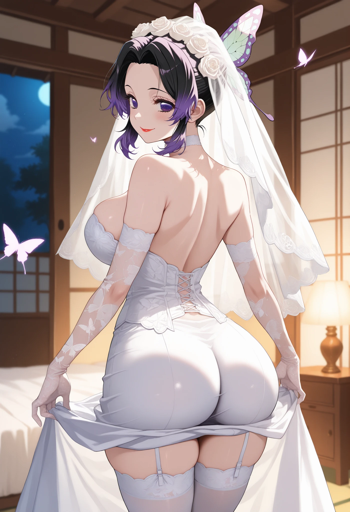 1girl ,alone. front view, , bride dress, white choker, cleavage, strapless, bare shoulders, white lace gloves, white stockings, white veil,, , , large breasts, blurred bedroom background , bright,patShinobu, shinobu kochou, animal print, black hair, butterfly, butterfly hair ornament, butterfly print, forehead, gradient hair, hair ornament, haori, multicolored hair, parted bangs, purple hair, short hair, two-tone hair, dynamic_pose, masterpiece, high quality, light color, intricate details, slim waist, thick thighs,, looking at viewer, smiling, lipstick, 1girl, alone, night, indoors, royal bedroom,, , standing ,, back view, big ass, round ass, from behind, looking back,