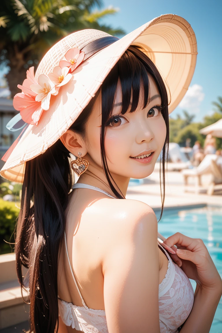 Japanese, high school girl, smiling face, young face, long black hair, long straight black hair, gold hairband, gold bikini, cleavage, necklace, gold sandals, beach, standing in front of a pineapple, tropical resort, beach, blue sky and white cumulonimbus clouds