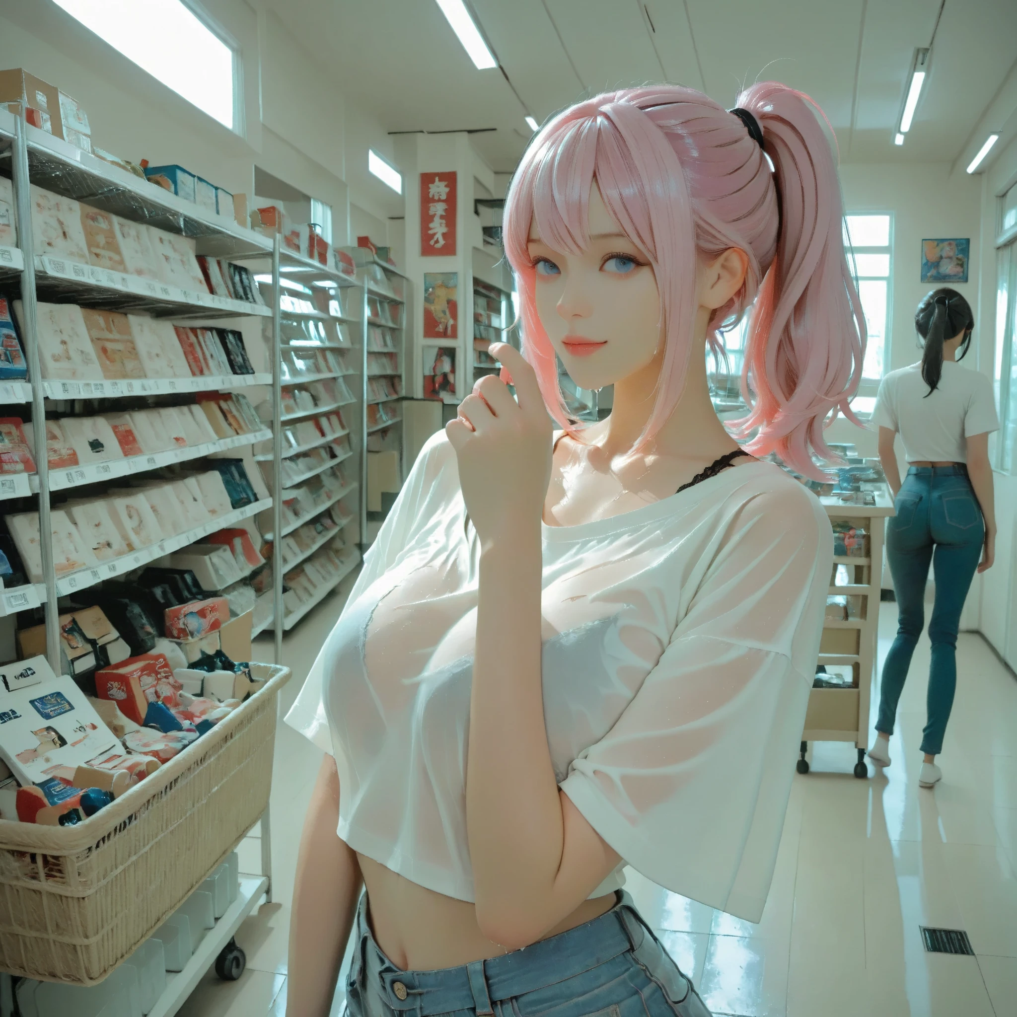 One sexy woman has light blue hair, pink hair ends and blue eyes and wears a white T-shirt with a loose-fitting waist and a sexy lace black bra, along with clothes that are so wet that the sexy body glows.. , Hair tie,ponytail hairstyle,Horse Hair, หน้าstore bryster , store bryster , Anime Style. 8k, The 3D action image, Anime Styled 3d, Realistic Art Style , Realistic Art Style, Realistic Art Style, The 3D action image, is inspired by SimSajong.., The bedroom is very cute in white tones , photo Realistic Art Style , , a realistic three-dimensional character, 3D Anime Realistic ,Dynamic angle, looking at the viewer , Look Ahead