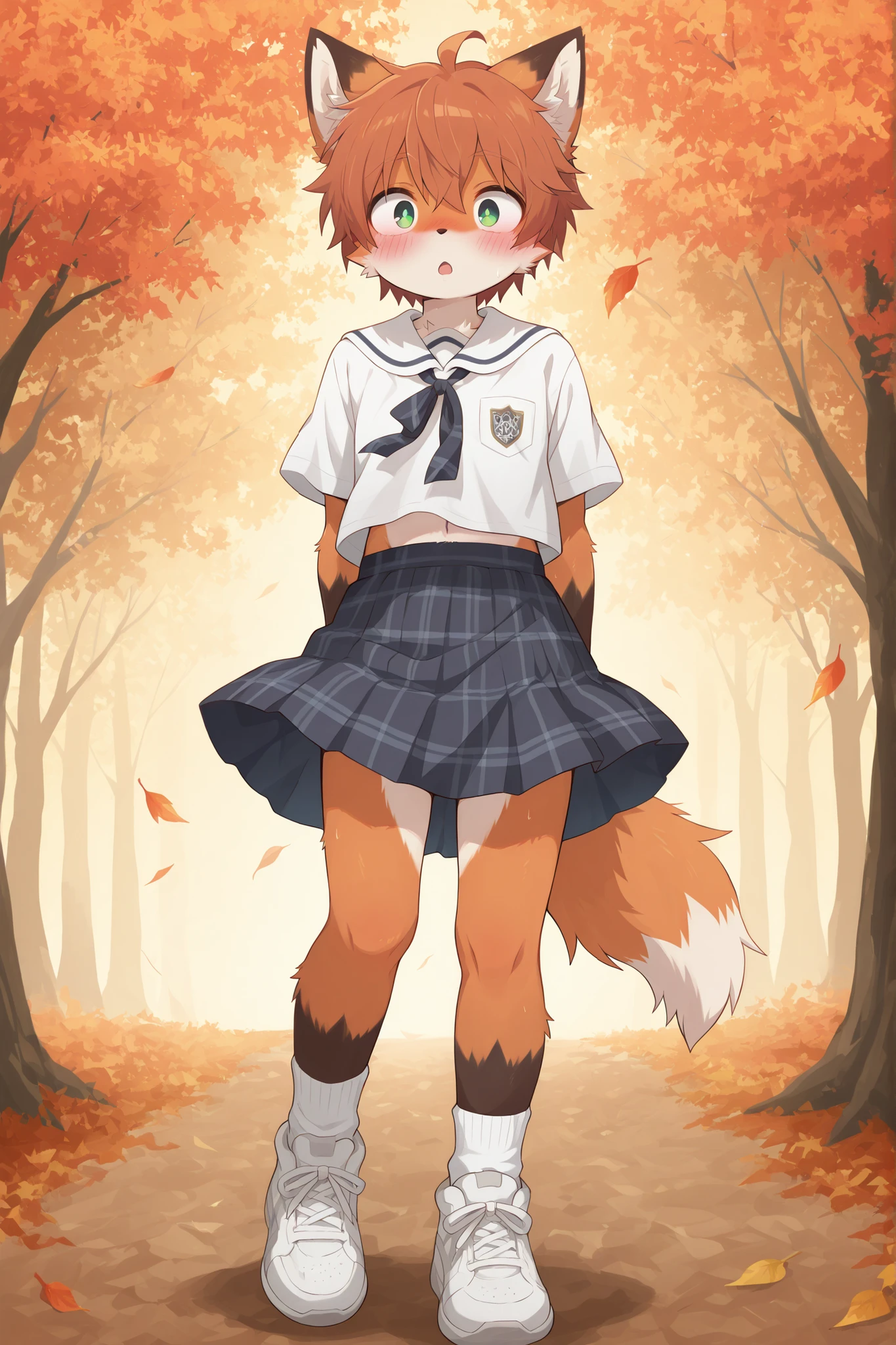 anime style, High Quality, high resolution, solo,Full body painting, white sneakers, white socks, Dynamic Composition,autumn dusk background,soaring tree leaves, A surprise gust of wind,elementary school student, chemoshota, 10 years old, skirt flips up,1 skirt,thigh, groin, Panchira,trunks, fox boy, 1boy,solo, furry, orange fox boy, Skirt being turned over by a gust of wind, natural hand position,A boy with fox ears in a female uniform, the moment the plaid skirt is completely turned upside down, white shirt and big ribbon tie, A bushy tail spreads out in the wind, blushing and bow-eared expression, comedy scene, sound, Embarrassing Atmosphere,getting married,