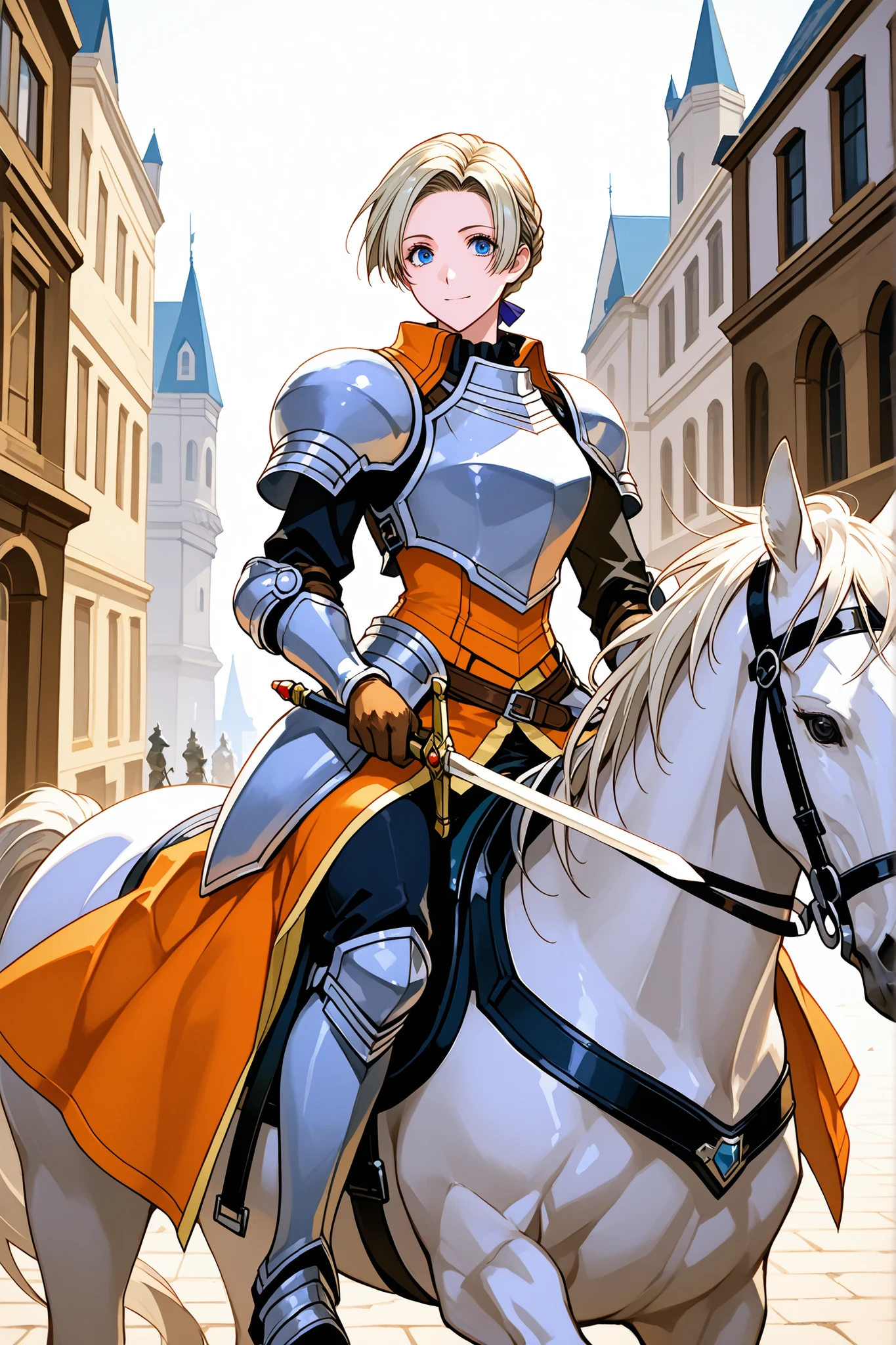 masterpiece, beautiful woman, Character, Suikoden III, Chris Lightfellow, embossed armor, orange clothing, City gate, holding a sword, BREAK white horse, horse riding, horse standing, horse armor