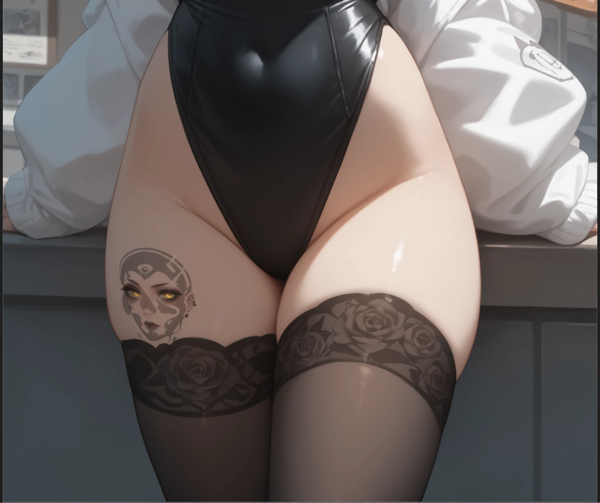 Jessica, a girl with big breasts and beautiful legs in twin tails, is standing with her legs spread to the side in a high-cut bunny suit.。