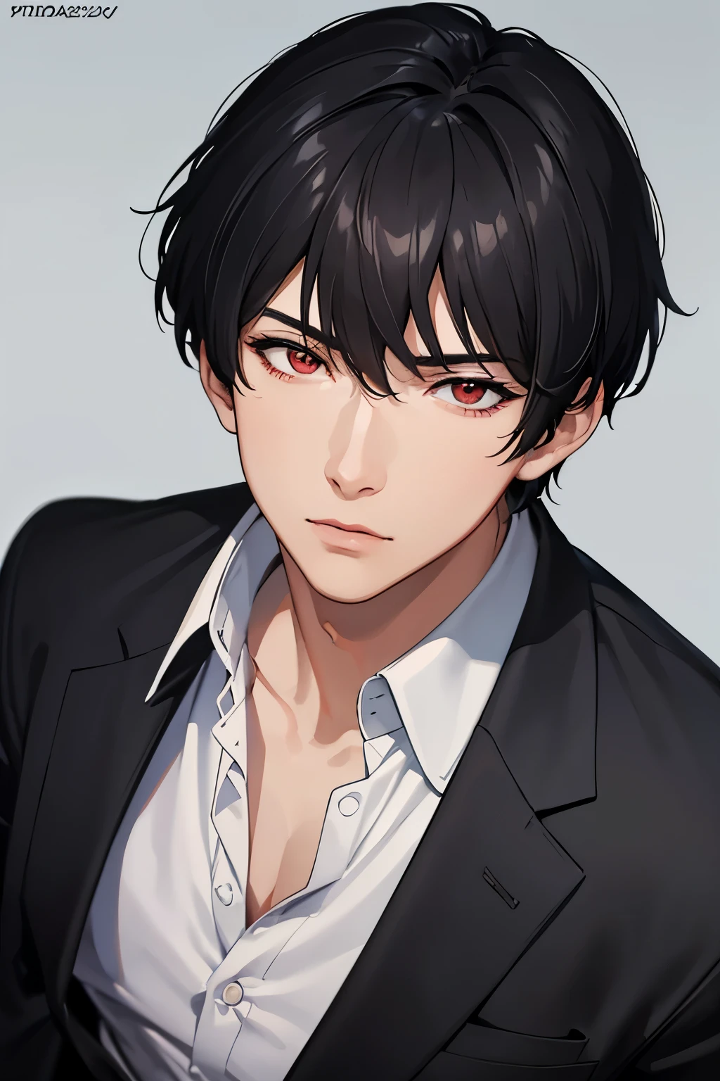 masterpiece, best quality, 1boy, red eyes, black hair, short hair, black suit, bangs, mature, suit, sharp eyes, confident, mature, masculine, detailed eyes, realistic face, realistic eyes, upper body, closed up detailed facial features, realistic and high resolution (best quality, 4k, 8k, highres, masterpiece:1.2)