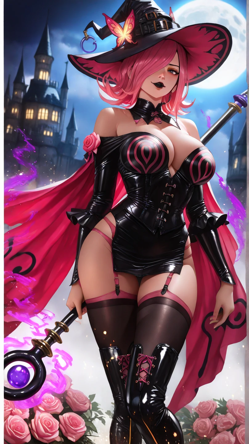 punk sorceress, long blue dress, leg slit, panty shot, panty slip, wardrobe malfunction, pink panties, blonde hair,