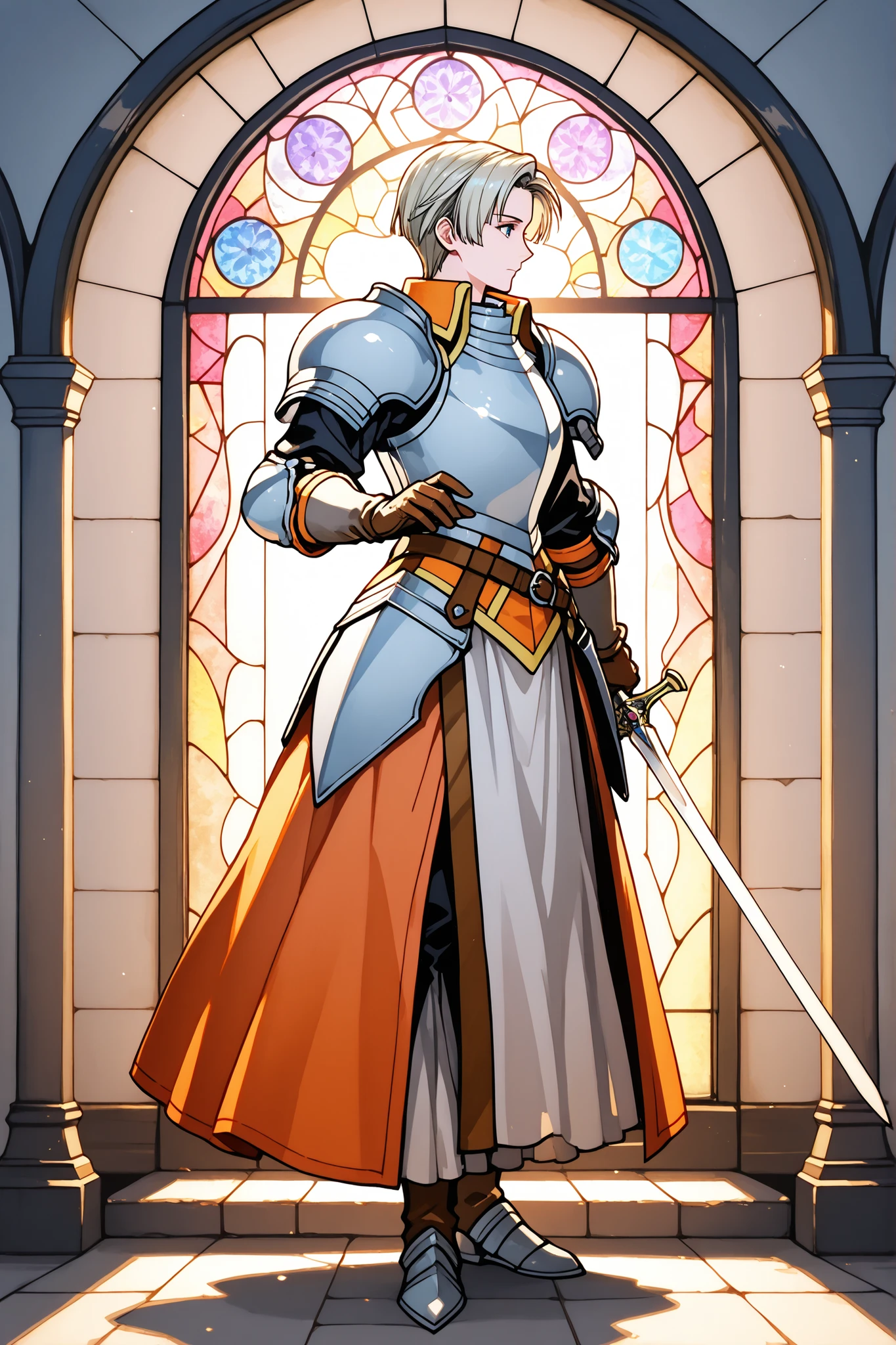 masterpiece, beautiful woman, Character, Suikoden III, Chris Lightfellow, embossed armor, orange clothing, BREAK Stained glass window of a stag, holding a sword, full body shot, side view
