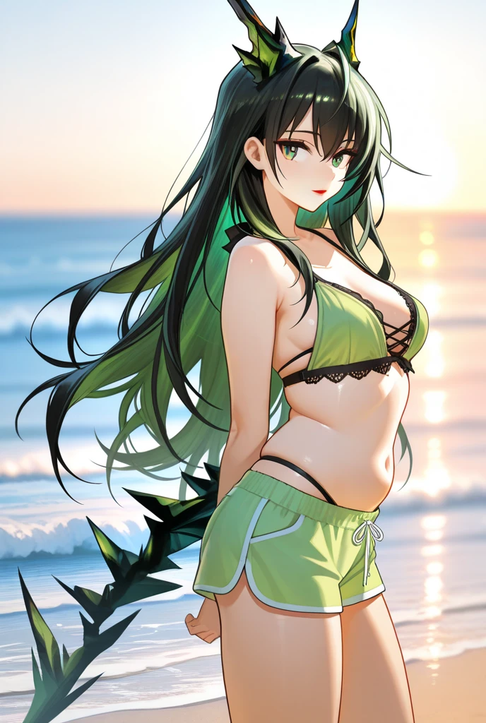 (top quality, masterpiece, high quality, ultra-delicate), ((beautiful girl)), (((adult)), ((Pure Dark black hair)), mature, graceful curves, ((long hair, long bangs)), ((bright green eyes)), ((detailed eyes)), ((large breast)) nose, bangs, ((Black Bikini)), seductive, fashion, thick thighs, big butt, beach, day , small smile, top that completely covers breast.