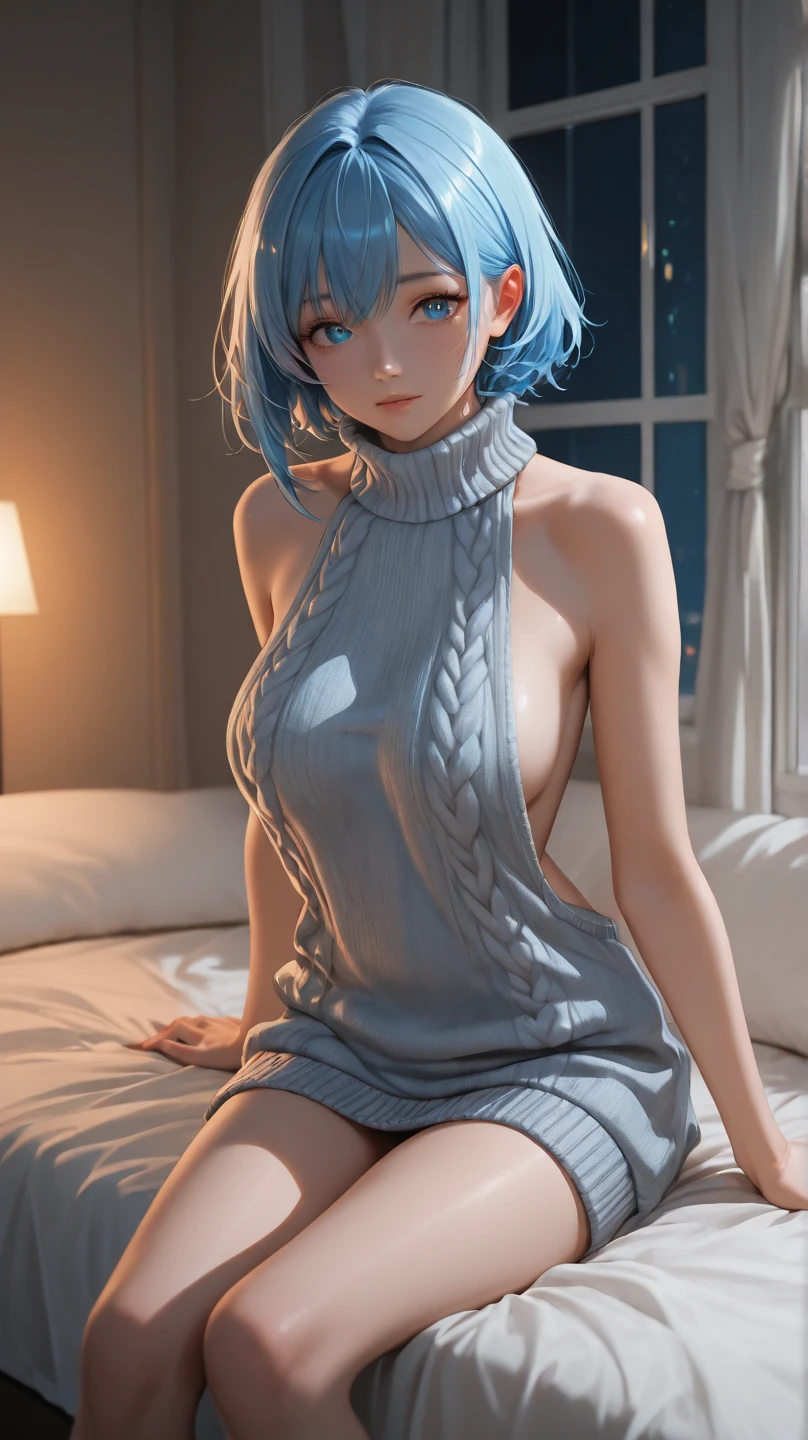(best quality, 4k, 8k, highres, masterpiece:1.2), blue hair、Shorthair。bobhair。panties are elegant white。 breasts are big and beautiful.。The top garment is a sweater。Even more embarrassed。Put your hand inside your panties、Slide your panties down to your thighs。