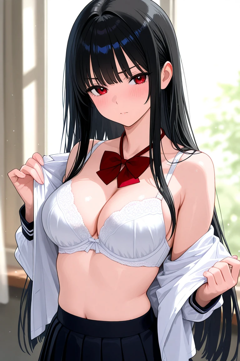 (A superb exquisite yukinoshitaYukino),(yukinoshitaYukino:1.5), (oregairuUniform:1.5), brown eyes, black hair, natural straight hair, straight bangs, solo, nature, extremely delicate, straight facial features, peerless beautiful girl, soft, (sensual face), ((ecchi face)), dreamy quality, exaggerated facial features, solid color, frank holly, delicate face, bright lips, slender waist, soft curves, real light and shadow, super fine, 4k, natural moving, Ultra high resolution, (masterpiece:1.2, best quality), (finely detailed beautiful eyes: 1.2), (beautiful detailed face), sexy semi-nude model, sexy pose, Ultra high definition white bra and panties, erect nipples,Medium chest, slender body, (bedroom),