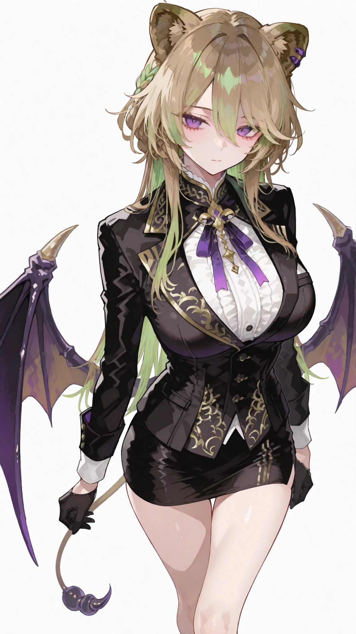 Lion ear girl,With scorpion tail ,with bat wings,in purple eyes,green hair,Highlight hair tone,Regent Shape,brown hair,big breasts ,Slim legs,miniskirt,Short gloves,Small slender braids, braid hair standing,high view, Black suit,white background,ribbon,