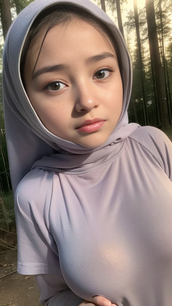 Croptank Hijab Stylish, adorable, 1 girl, (face to face), 10 years old, ((baby face)), (cry sad face expression), half body portrait, (face details: 1), (eye details: 1), ((huge breasts)). wearing transparent transparency soft soft, hijab .. Cute posed. proportional body. Ultra High Res. realistic: 1.4, UHD, (floral pattern), (*croptank)) view from seductive pose
