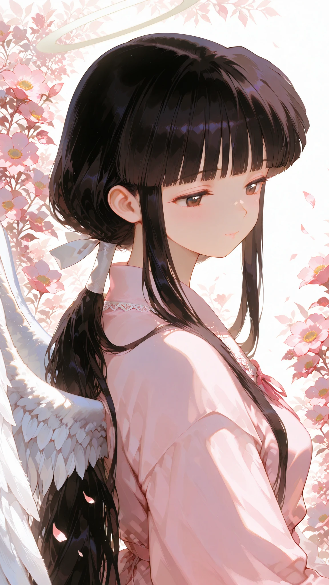 very long hair, blunt bangs, sidelocks, hime cut,,hair ribbon, long hair, blunt bangs, sidelocks, low ponytail,,kikyoinu, black hair, brown eyes,,Outstanding Artwork, Slightly Realistic, Extraordinary Quality, Very Beautiful, Ultra High Resolution, High Resolution, Anime Style, Amazing Quality, Mature Women, Very Beautiful** Anime drawing in the style of Tinkle, a cute younger girl with a drowsy expression, white angel wings on her back, bows at the ends of her hair and a sleepy expression, puffy eyes, wearing a magical light pink dress with lots of bows, lace, and embellishments, fluffy and light, vibrant but pastel colours, fine details , fantasy , bright light! ethereal , with falling petals in the background .
