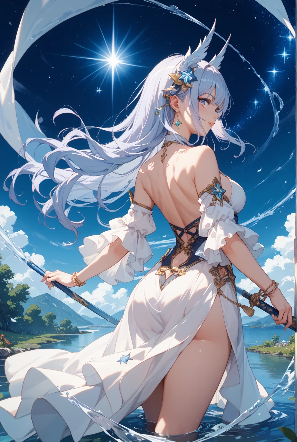 (masterpiece, best quality, detailed), 1girl, solo, furina, white hair, streaked hair, blue hair, blue eyes, looking at viewer, small breasts,
<lora:GreekClothes:1> greek clothes, peplos, laurel crown, armlet, see-through, outdoors, garden, rose, grass, sunlight, day, blue sky, lying, on back, arms behind head, parted lips