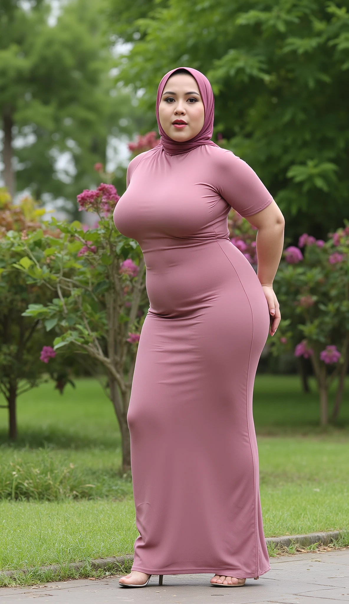 A woman muslimah indonesian-chinese 25 years old, wearing hijab, beautiful hijab, sensual poses, wearing long tight dress, clothes covering the body, curvy body, bbw, big tight breast, the day, 4k resolution,