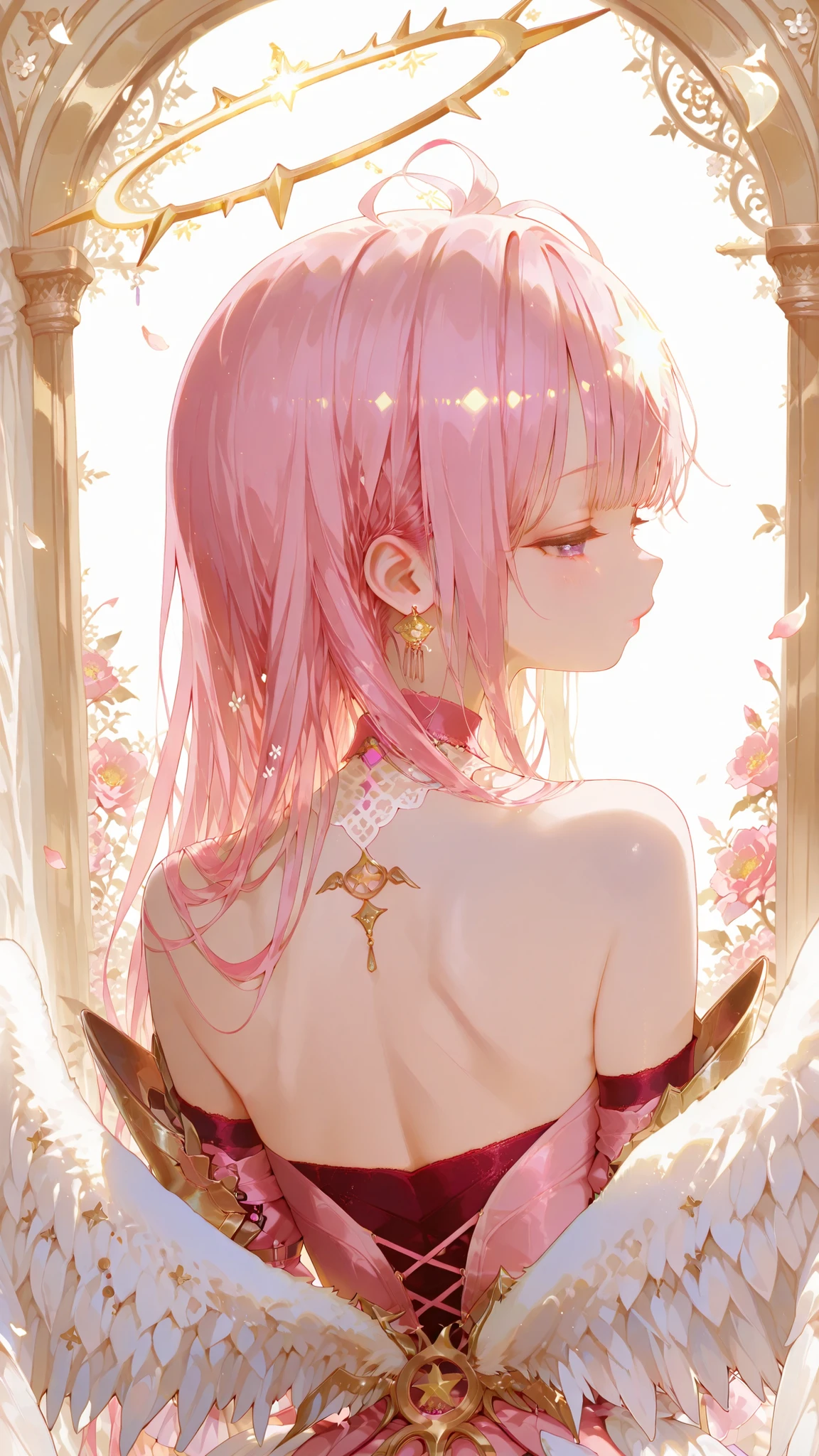 battlemage_neopresencia,,Outstanding Works,Slightly realistic, Excellent quality, Very beautiful, 超high resolution, high resolution,anime style,, Anime drawing in the style of Tinkle, a cute younger girl with a drowsy expression, white angel wings on her back, bows at the ends of her hair and a sleepy expression, puffy eyes, wearing a magical light pink dress with lots of bows, lace, and embellishments, fluffy and light, vibrant but pastel colours, fine details , fantasy , bright light! ethereal , with falling petals in the background .