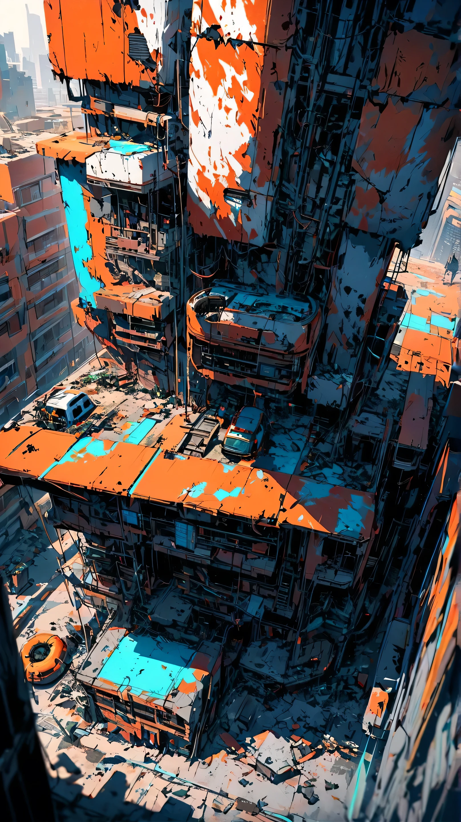 Create a view from the central perspective of the image Sci-fi scene of a damaged square and streets of a Cyberpunk city, with lot industrial pipework, painted with strong colors combined with an ink line drawing with thicker and thinner black lines, massive orange industrial pipes snake through the architecture, while debris and rubble litter the ground, Misty blue atmospheric haze fills the distant spaces between damaged high rise skyscrapers. Several cyberpunk people are walking on the street. Several demaged cyberpunk futuristic cars are parked on the street. Several hovercraft fly above the buildings. Style: Bold multicolored contrasts between warm oranges and cool teals create atmospheric depth. Use a deep and strong blue colors for shadows. Textured brushwork adds gritty detail to the industrial elements while maintaining a painterly quality. Atmospheric perspective, industrial decay, complementary contrast, cell shader, painted anime